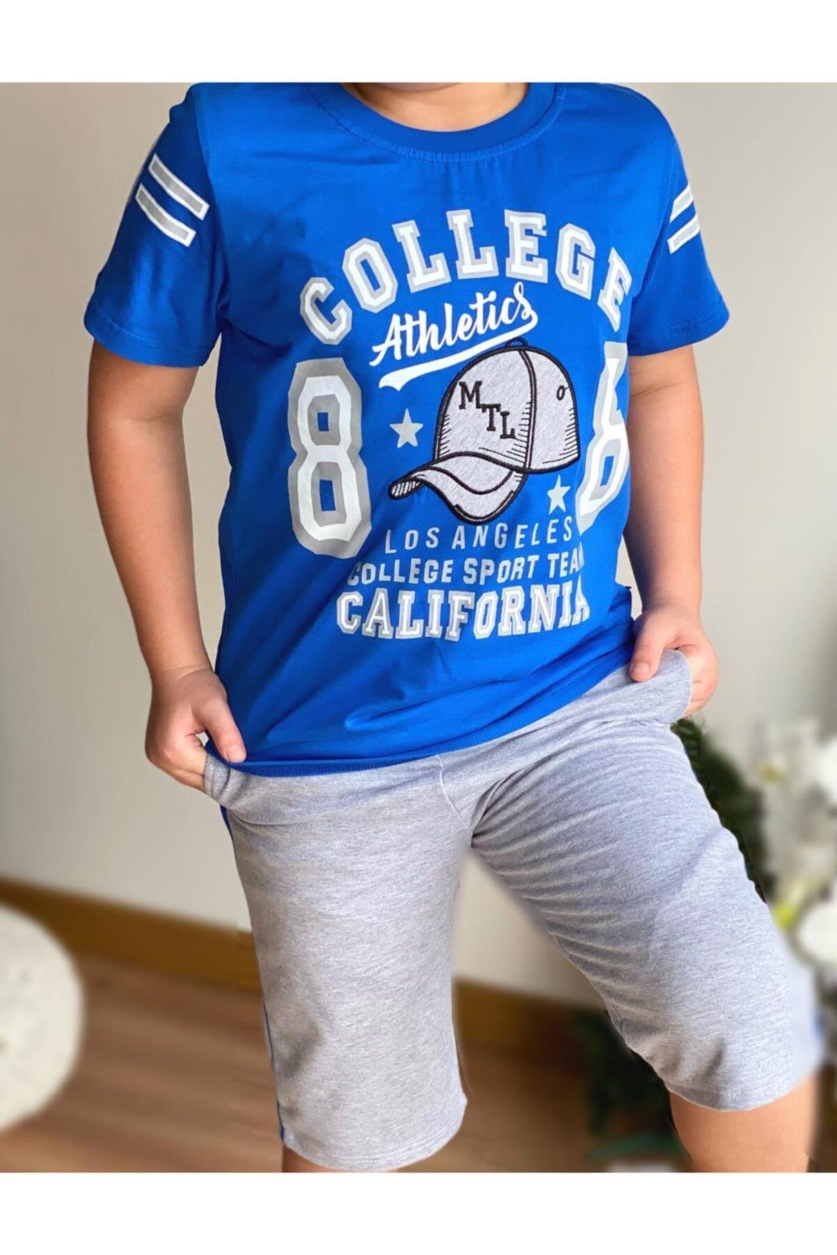 Bayram Özel Yazlık Kapri Şort Tshirt Spor Takım Set Erkek Çocuk Saks Mavi Gri