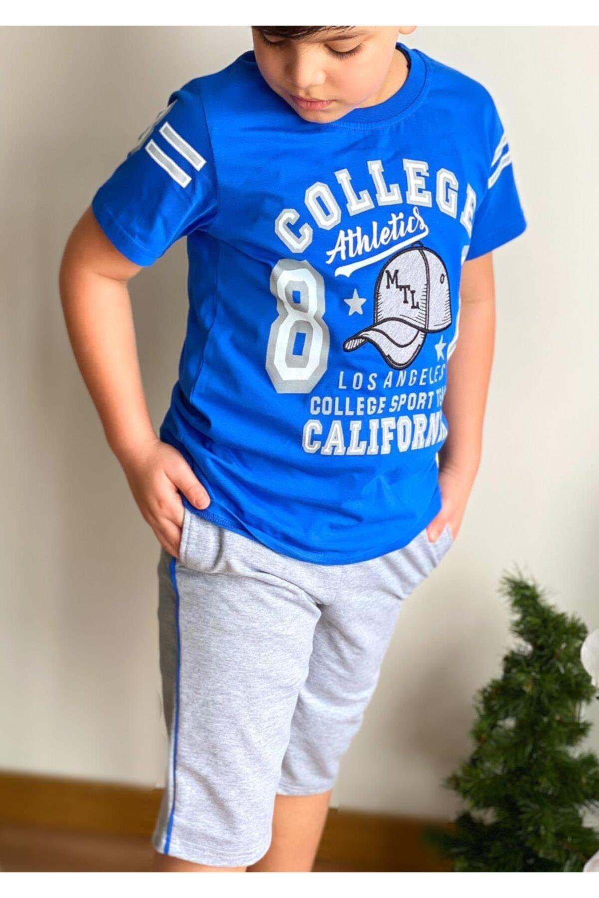 Bayram Özel Yazlık Kapri Şort Tshirt Spor Takım Set Erkek Çocuk Saks Mavi Gri