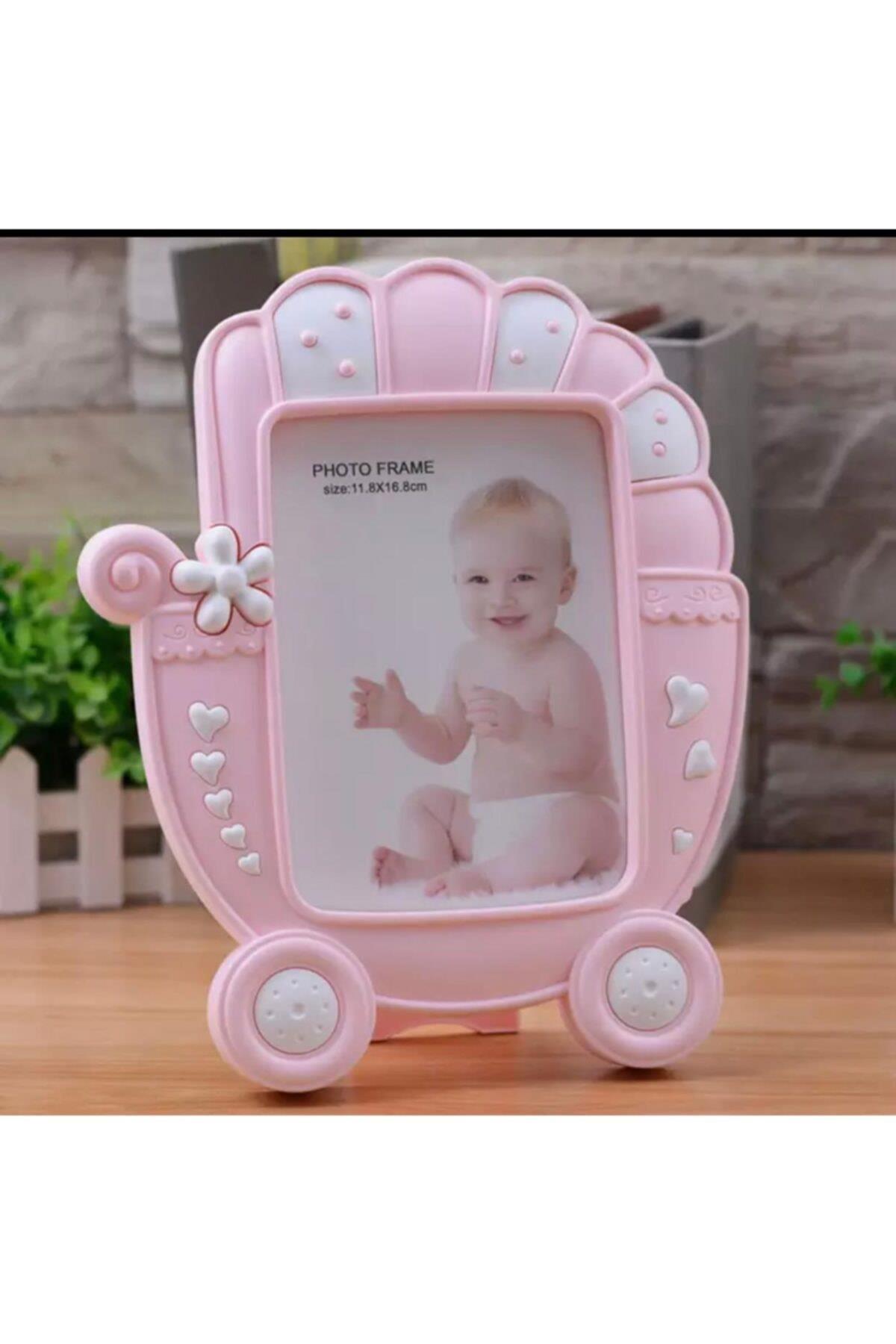 Büyük Sevimli Pembe Puset Araba Bebek Çocuk Ayaklı Masa Duvar Fotoğraf Çerçevesi Hediyelik