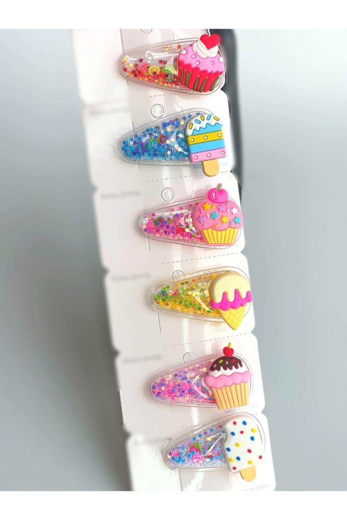 Çocuk Metal Pensli Parlak Sim Pullu Cupcake Dondurma Toka Seti 6lı