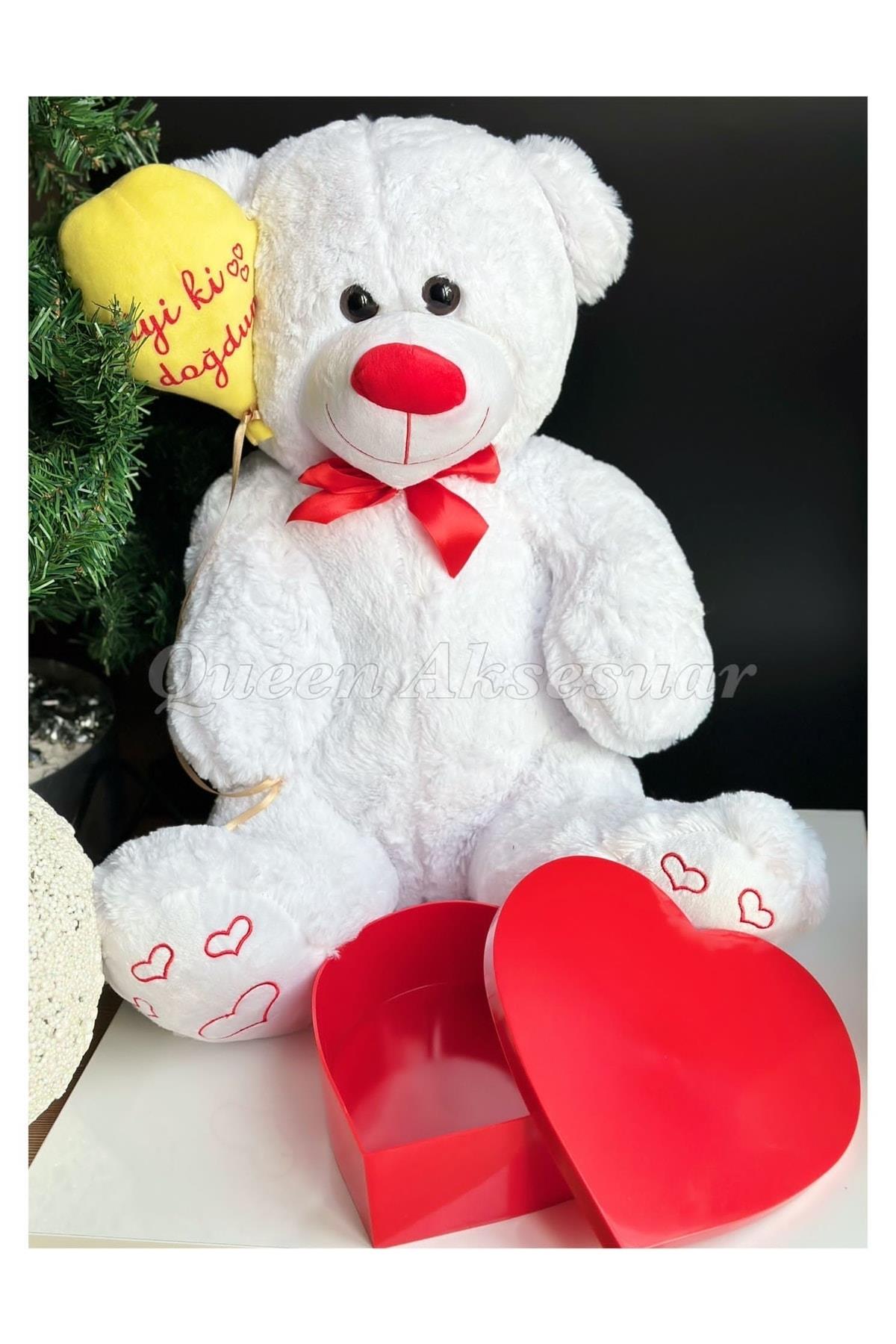 Dev Boy 85cm Sevimli Beyaz Peluş Ayıcık Iyi Ki Doğdun Doğum Günü Balonlu Ayı Kırmızı Kalp Çikolata