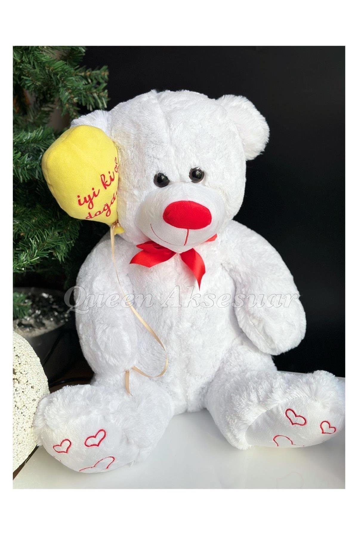 Dev Boy 85cm Sevimli Beyaz Peluş Ayıcık Iyi Ki Doğdun Doğum Günü Balonlu Ayı Kırmızı Kalp Çikolata