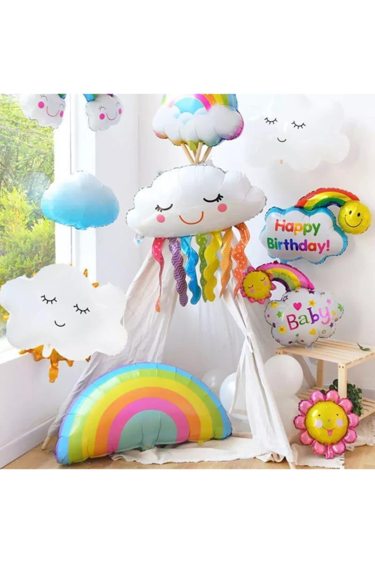 Dev Sevimli Şişen Bulutlu Gökkuşağı Folyo Balon Doğumgünü Dekorasyon