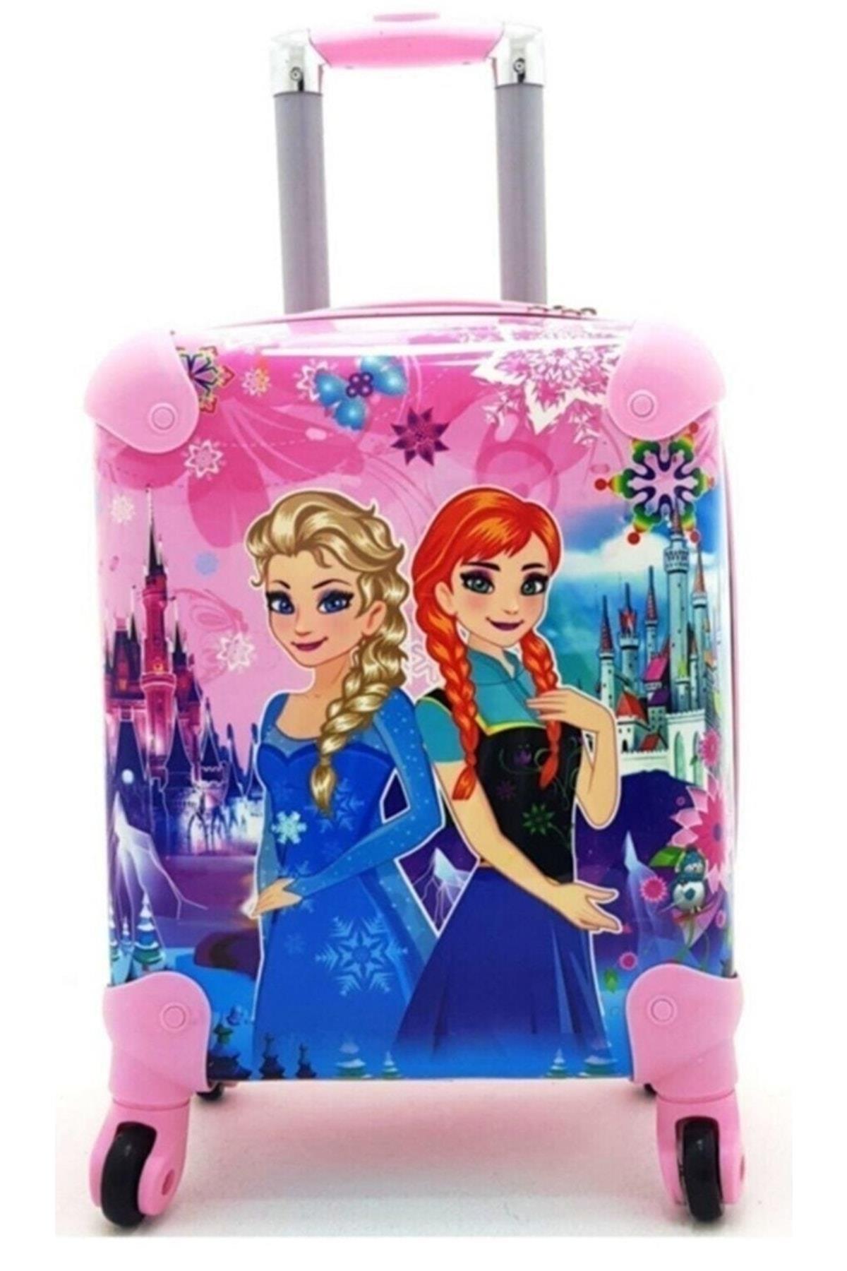 Elsa Anna Karlar Ülkesi Frozen Desenli Çocuk Valizi Çekçek Tekerlekli Pembe Bavul