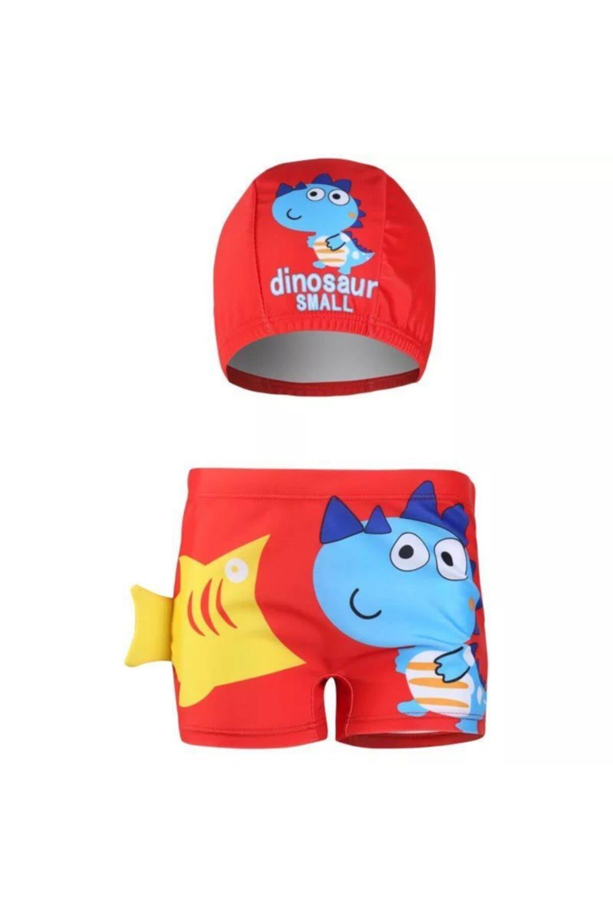 Erkek Çocuk Kırmızı Dinozor Uv Korumalı Mayo Slip Şort Bone Takımı