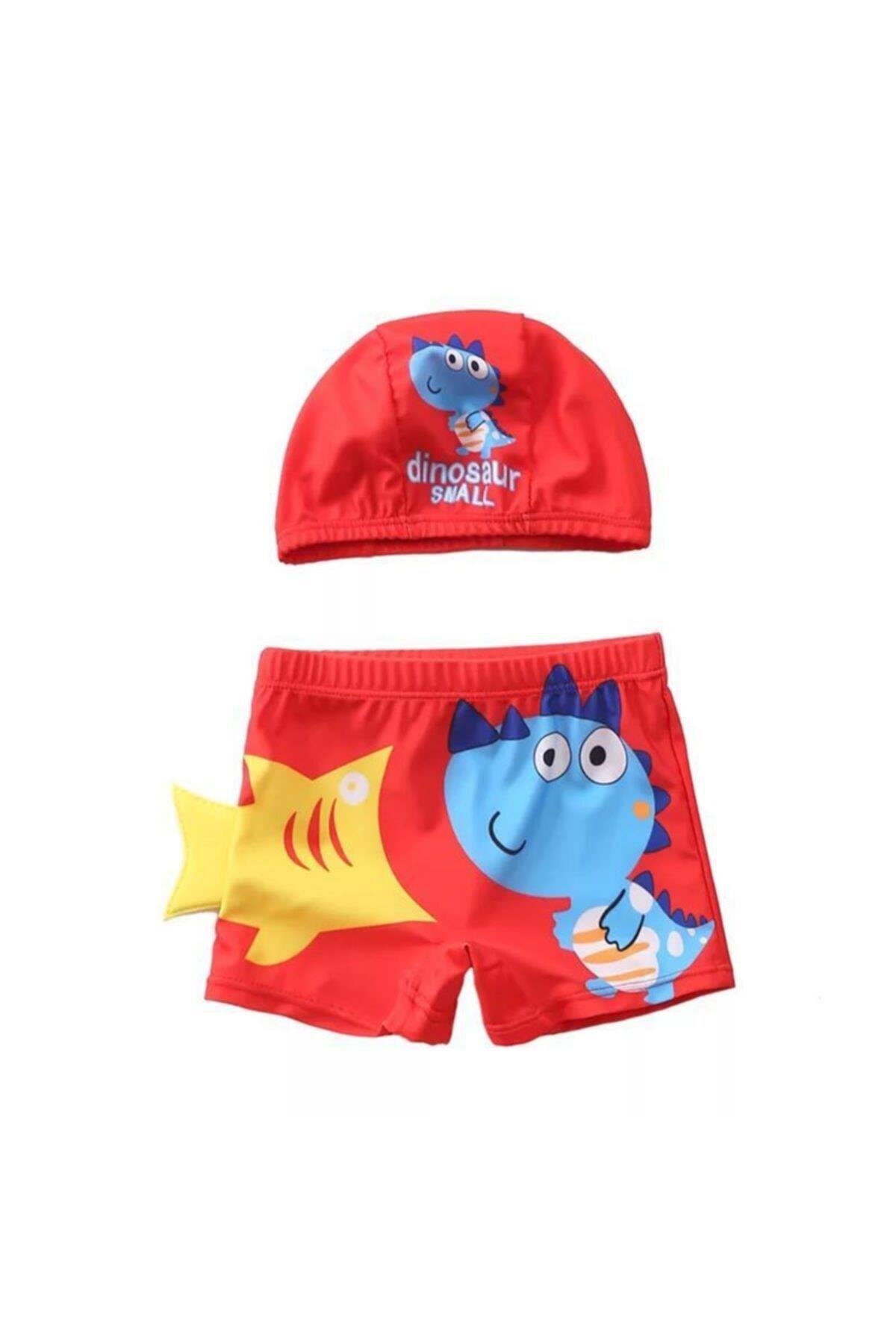 Erkek Çocuk Kırmızı Dinozor Uv Korumalı Mayo Slip Şort Bone Takımı