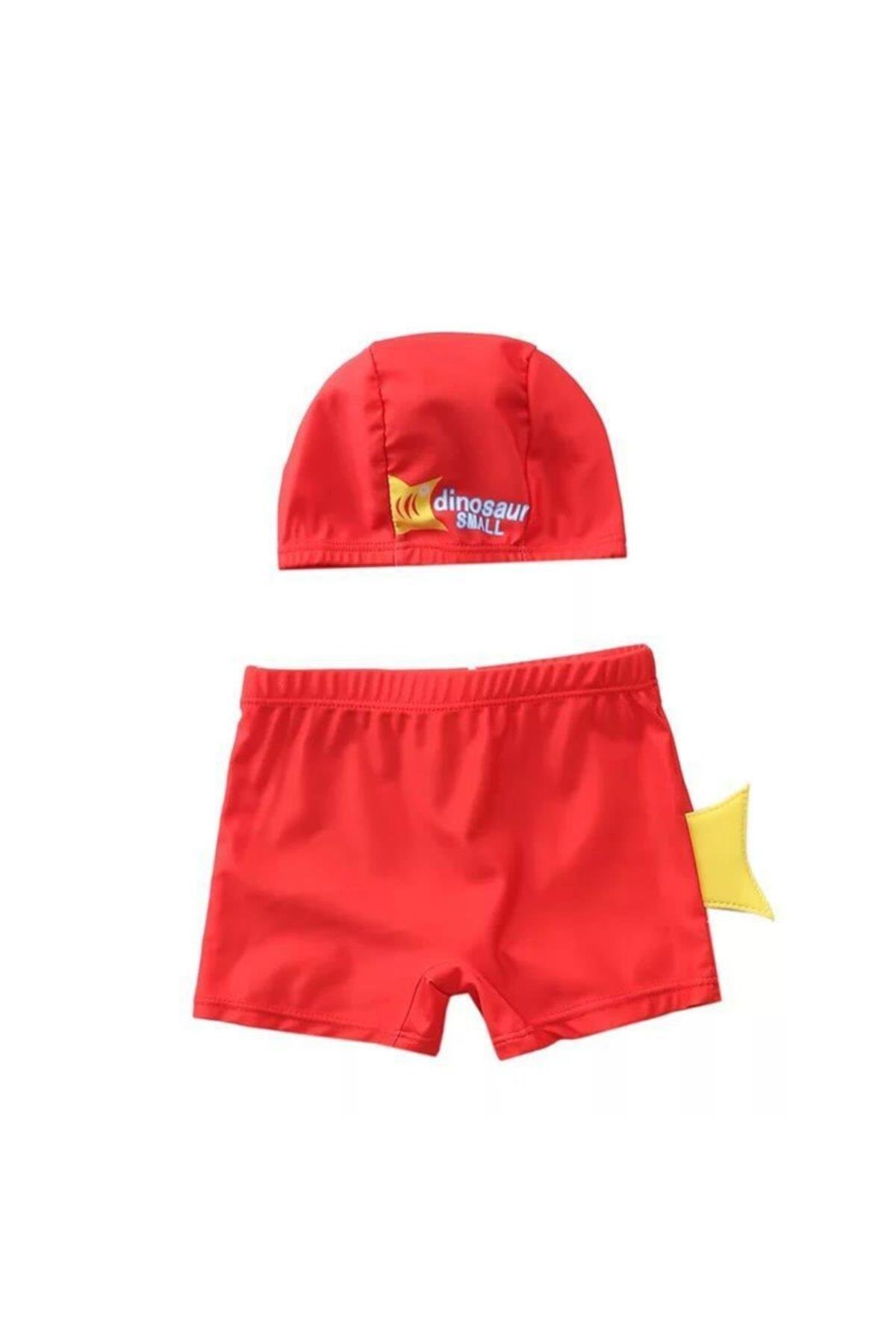 Erkek Çocuk Kırmızı Dinozor Uv Korumalı Mayo Slip Şort Bone Takımı