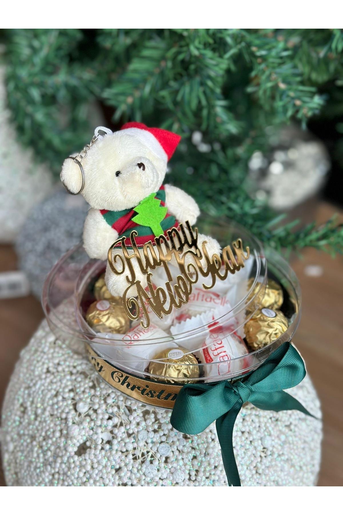 Happy New year yılbaşı tasarım lüks ayıcık anahtarlık ferro rafaello çikolata seti hediye kutusu