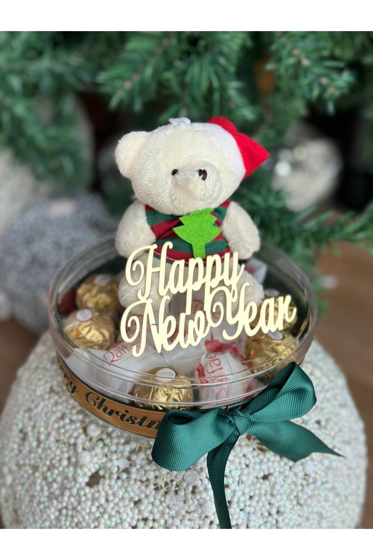 Happy New year yılbaşı tasarım lüks ayıcık anahtarlık ferro rafaello çikolata seti hediye kutusu