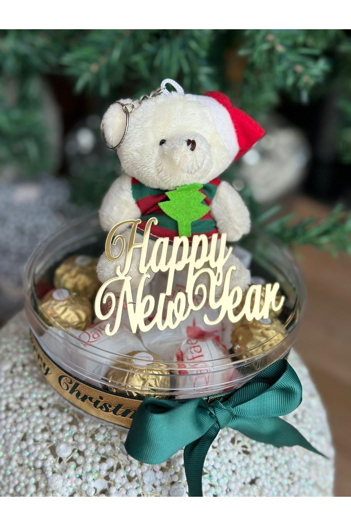 Happy New year yılbaşı tasarım lüks ayıcık anahtarlık ferro rafaello çikolata seti hediye kutusu