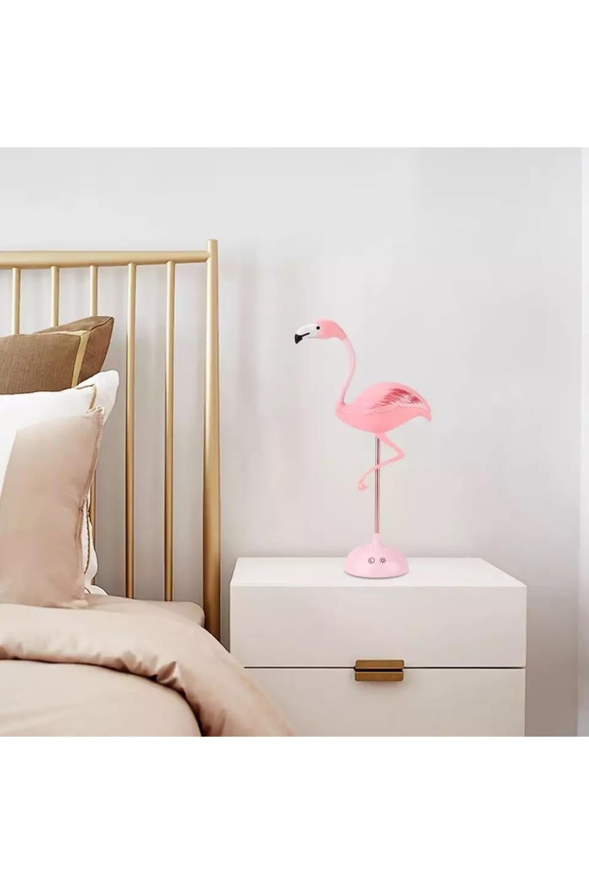 Hareketli Oynar Başlı Gece Masa Lambası Telefon Tutuculu Led Şarjlı Pembe Flamingo Işık