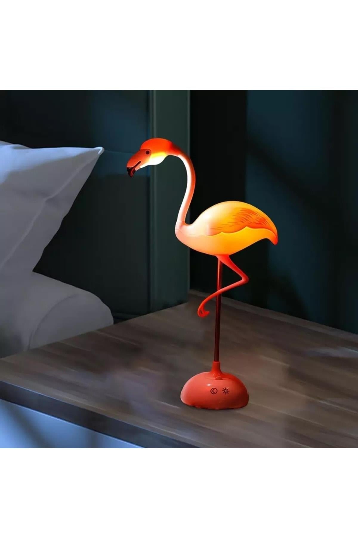 Hareketli Oynar Başlı Gece Masa Lambası Telefon Tutuculu Led Şarjlı Pembe Flamingo Işık