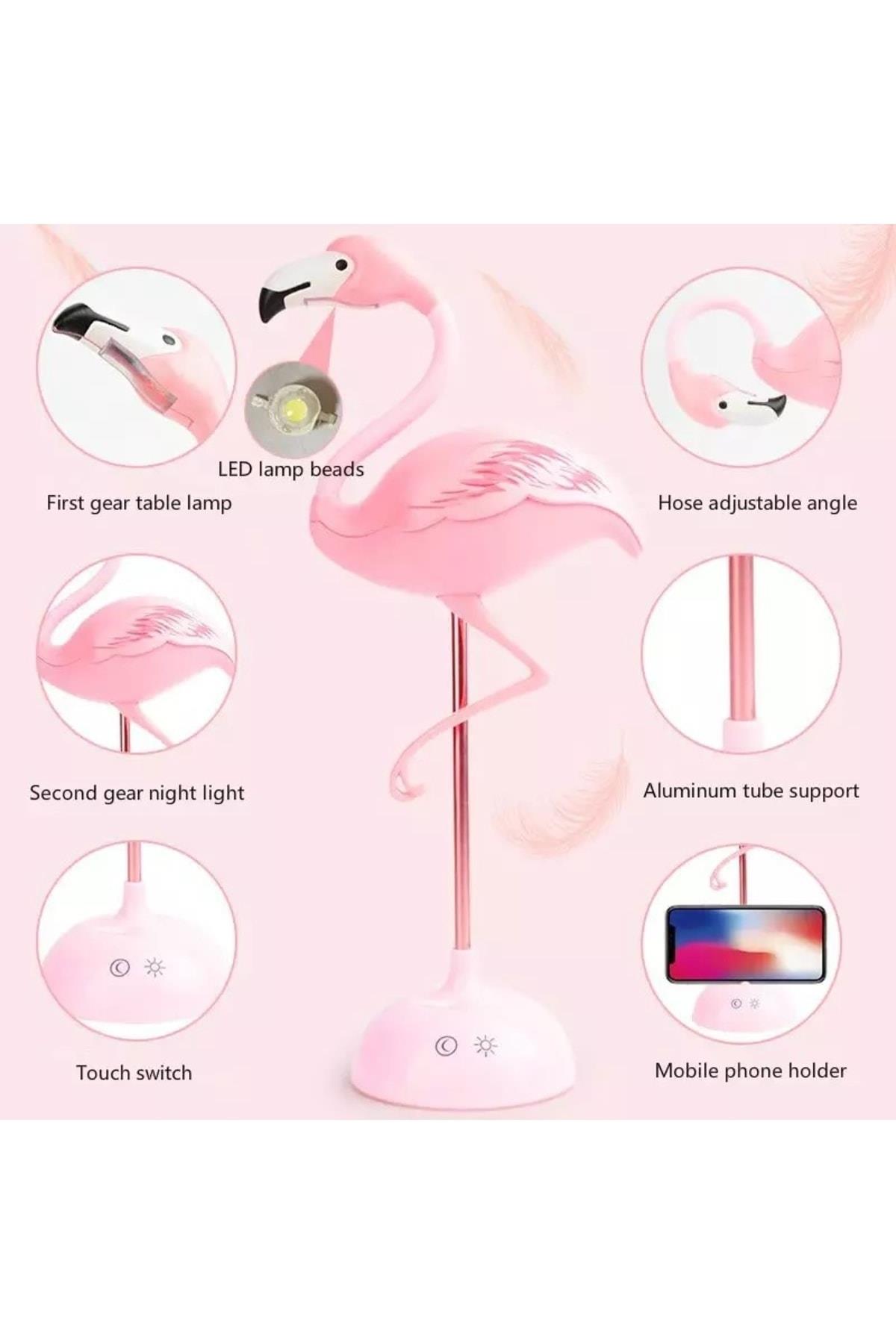 Hareketli Oynar Başlı Gece Masa Lambası Telefon Tutuculu Led Şarjlı Pembe Flamingo Işık