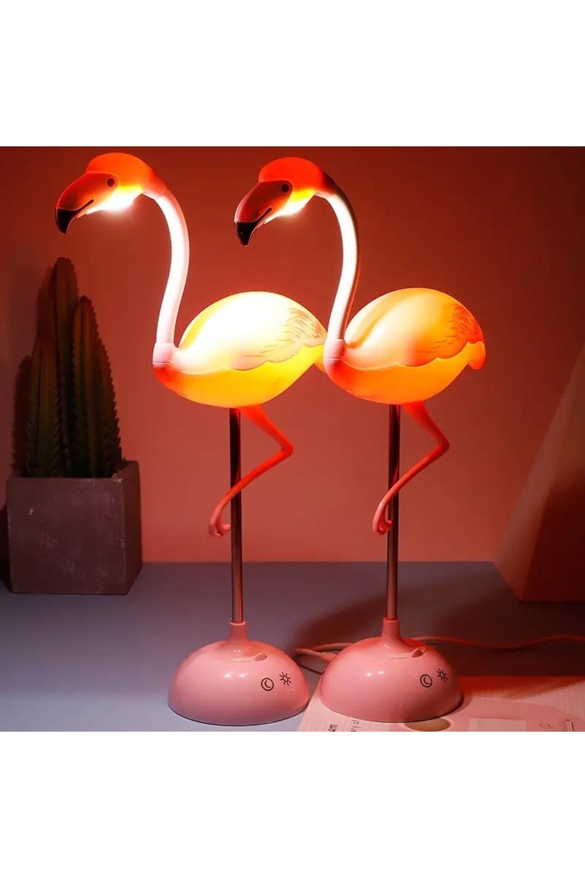 Hareketli Oynar Başlı Gece Masa Lambası Telefon Tutuculu Led Şarjlı Pembe Flamingo Işık