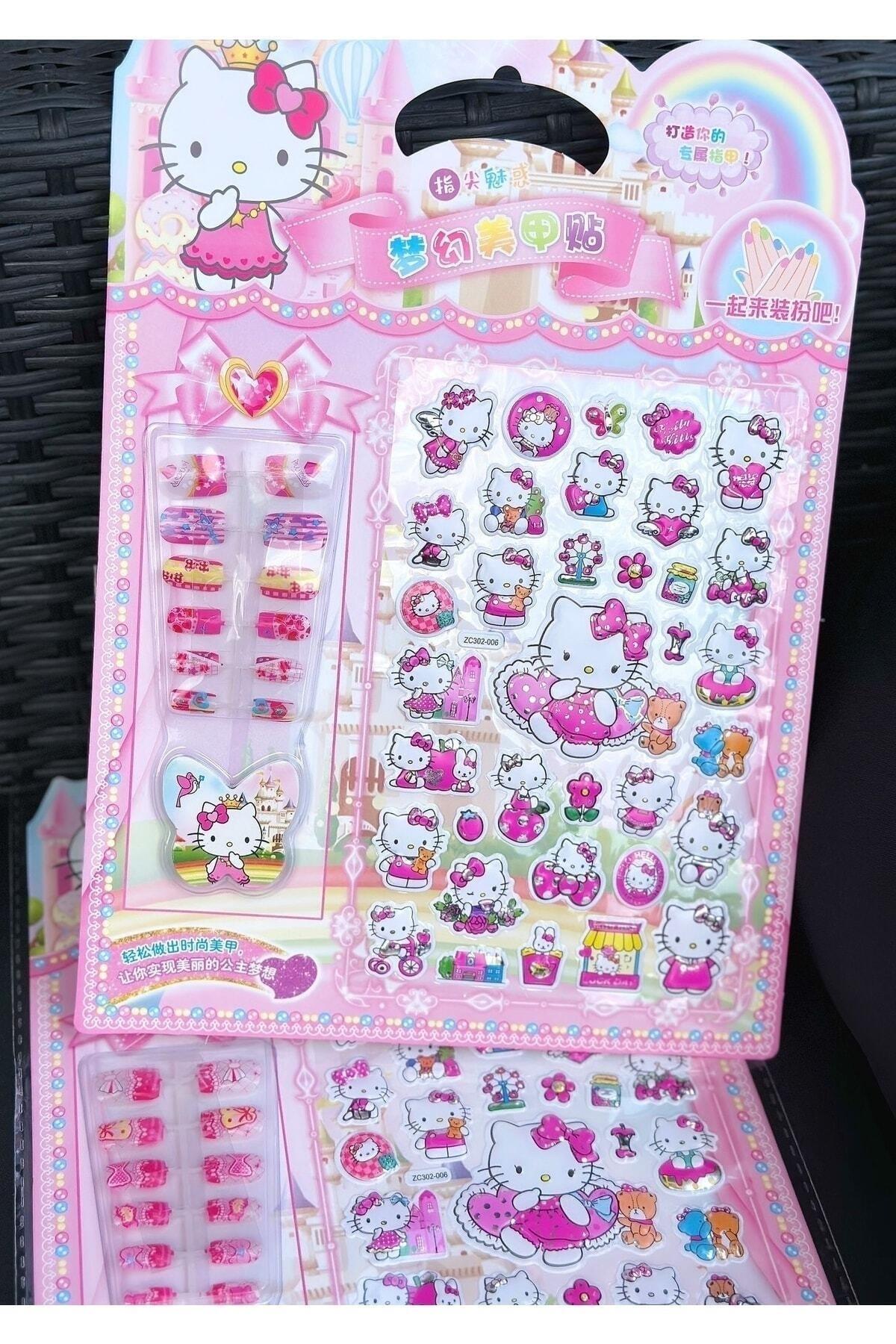 Hello kitty kedili 3d boyutlu yapışkan sticker takma çocuk tırnağı taşlı tırnak seti