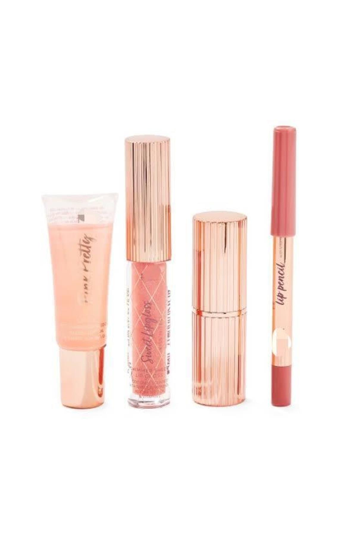 Ingiltere’den Ithal Lüks Lip Gloss Dudak Kalemi Fırça Stick Ruj Seti Gold Altın Kaplama Pembe Tonlar