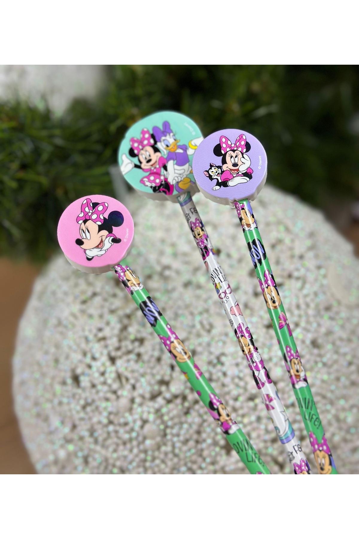 İthal 3lü Disney minnie mouse fare desenli kurşun kalem silgi kırtasiye seti kız çocuk