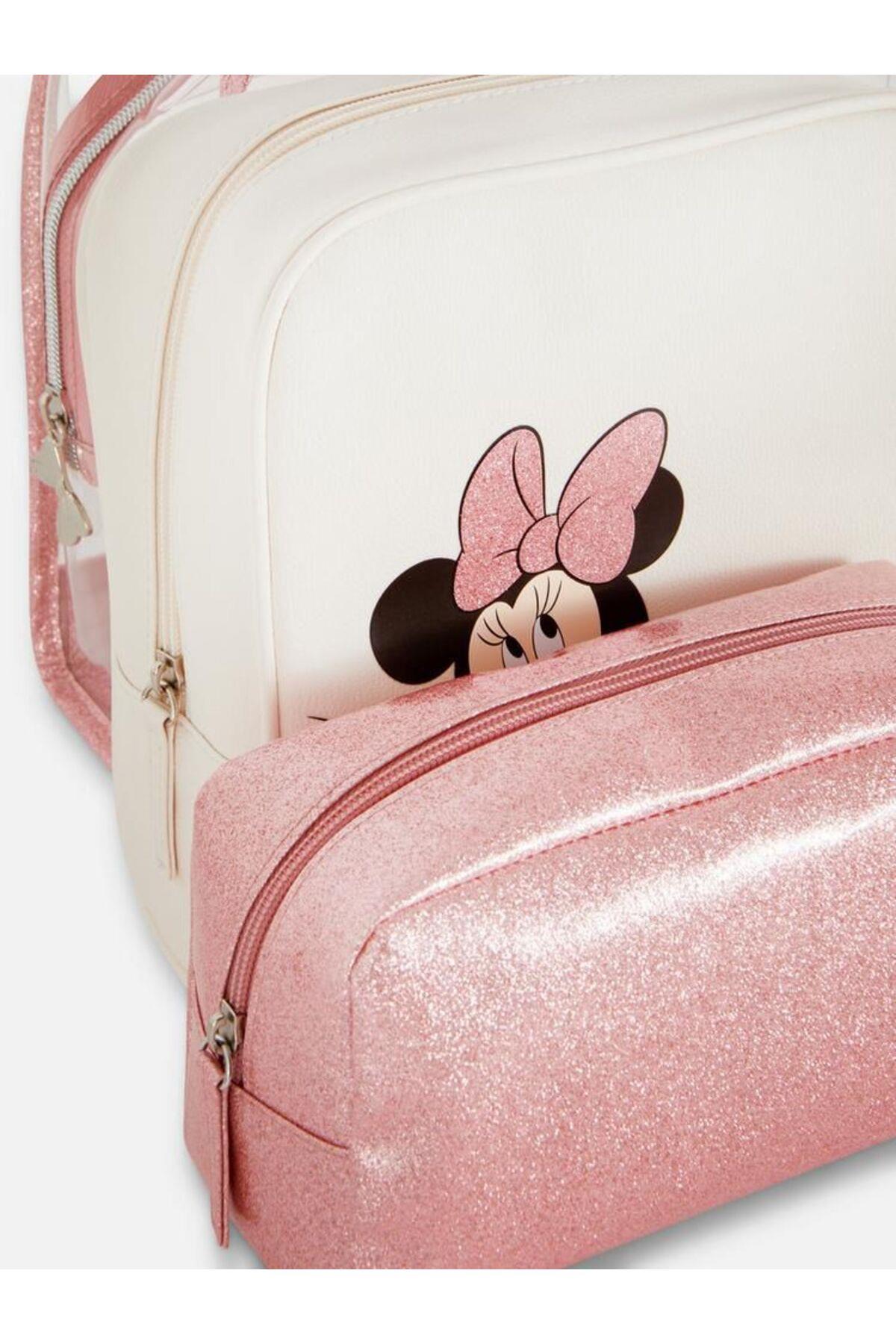İthal Disney Minnie mouse simli 3 lü organizer makyaj kozmetik seyahat valiz çanta seti pembe beyaz