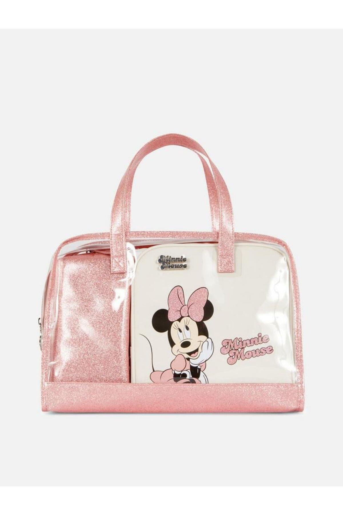 İthal Disney Minnie mouse simli 3 lü organizer makyaj kozmetik seyahat valiz çanta seti pembe beyaz