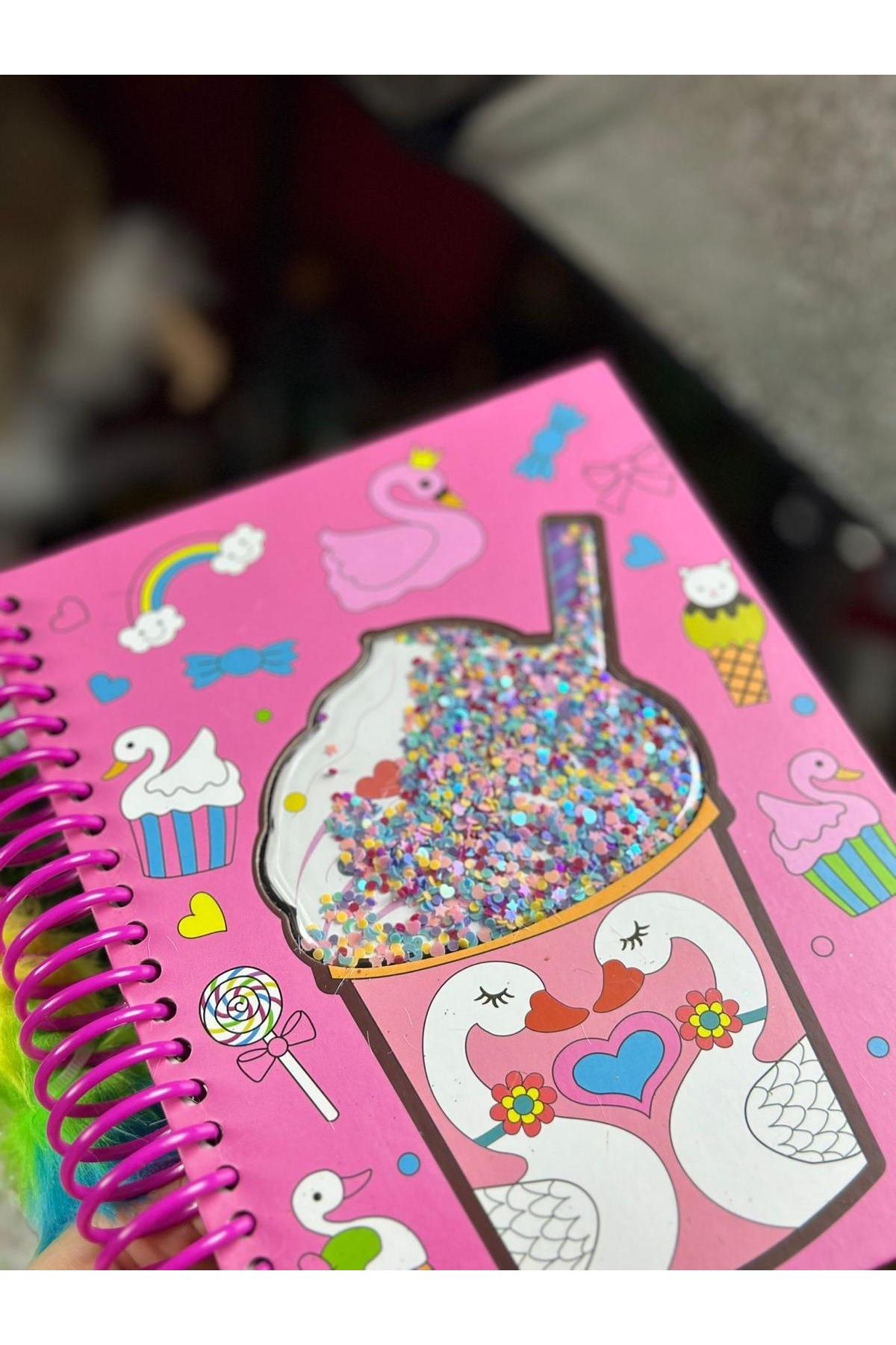İthal hareketli pullu tüylü renkli boya kalem flamingo dondurma desenli a5 defter hatıra ajanda