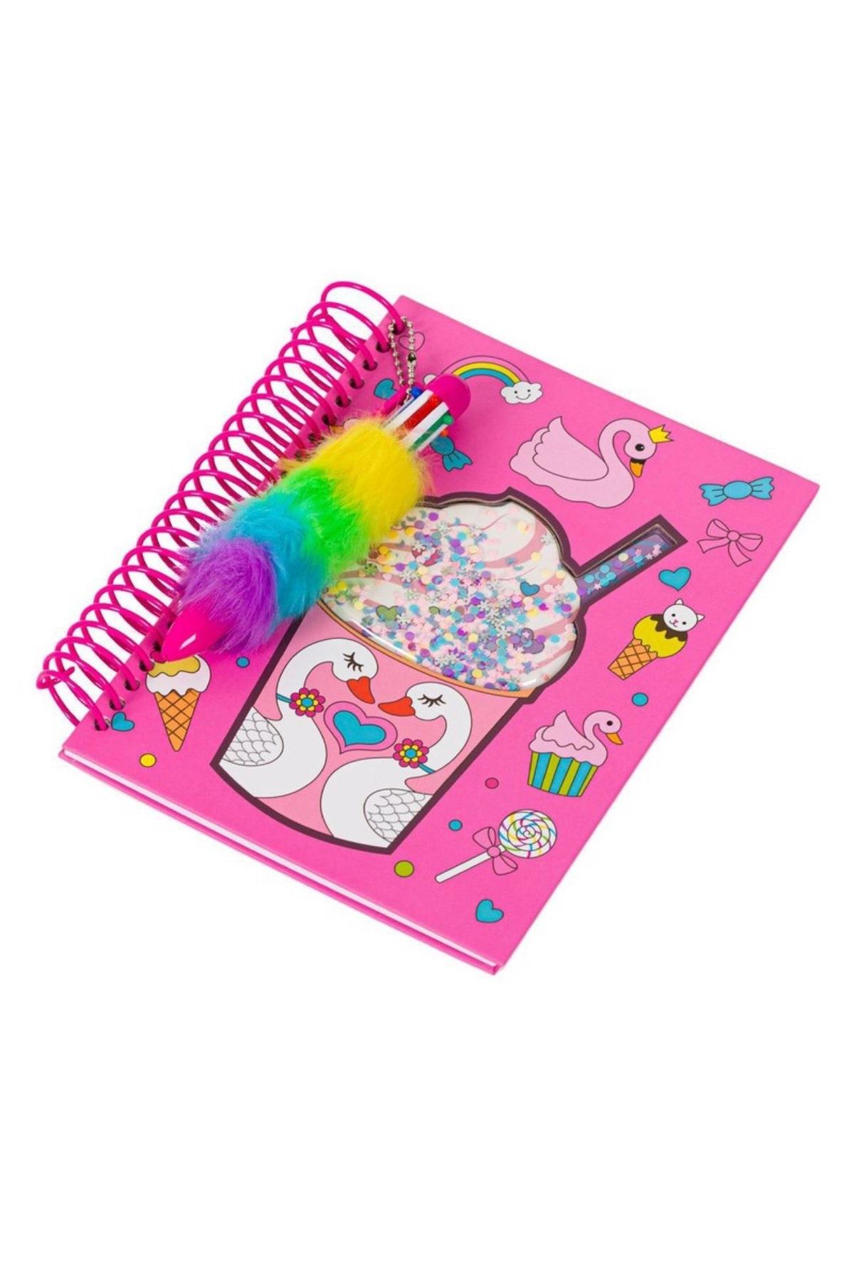 İthal hareketli pullu tüylü renkli boya kalem flamingo dondurma desenli a5 defter hatıra ajanda