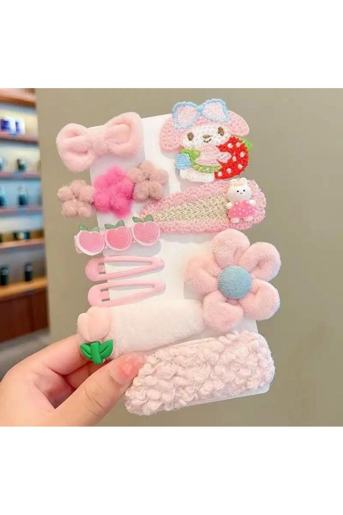 İthal lüks 10lu pembe Hello kitty melody çiçek peluş pensli çıtçıtlı yan toka seti bebek çocuk