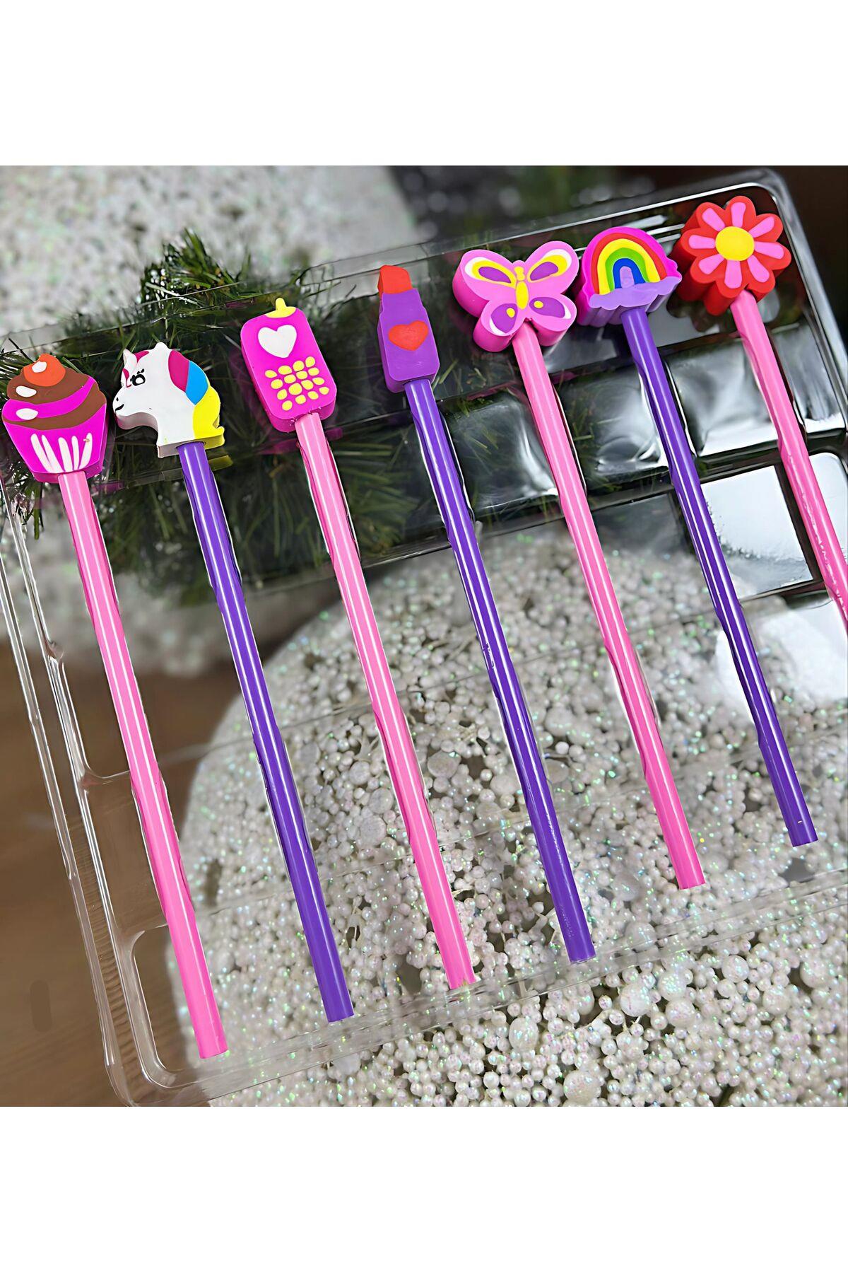 İthal lüks 14 parça kutulu kalem silgi kırtasiye seti pembe mor unicorn cupcake gökkuşağı çiçek