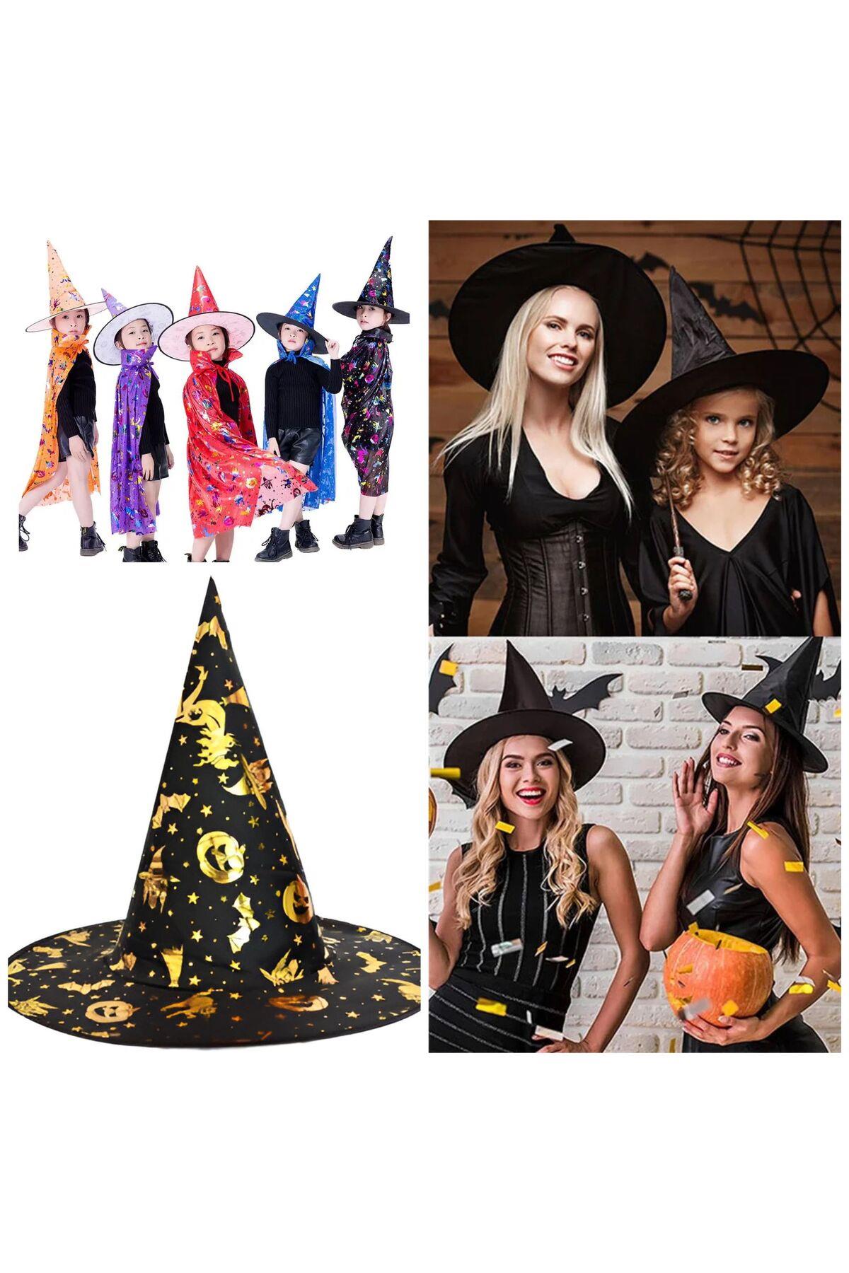 İthal lüks altın desenli siyah cadılar bayramı parti kostüm şapkası halloween cadı yetişkin çocuk