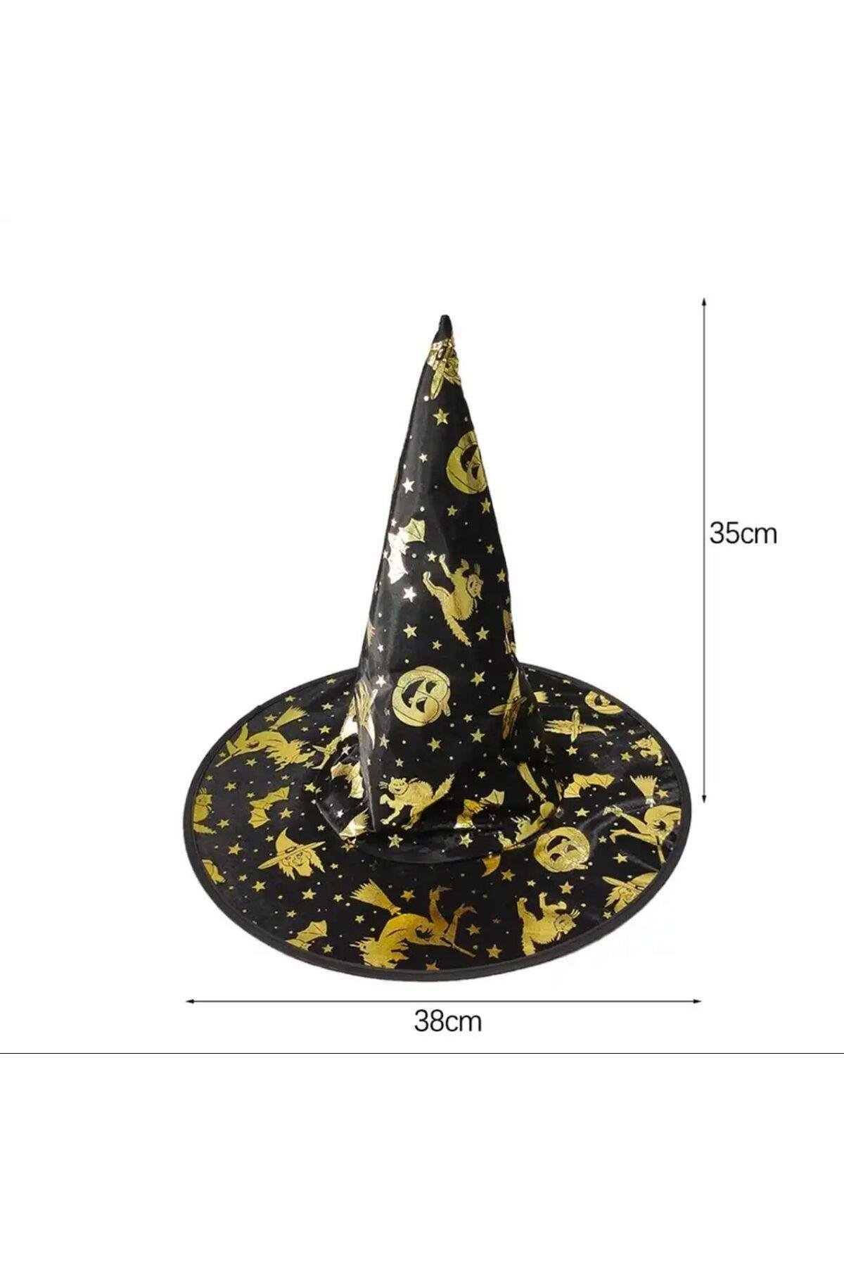 İthal lüks altın desenli siyah cadılar bayramı parti kostüm şapkası halloween cadı yetişkin çocuk