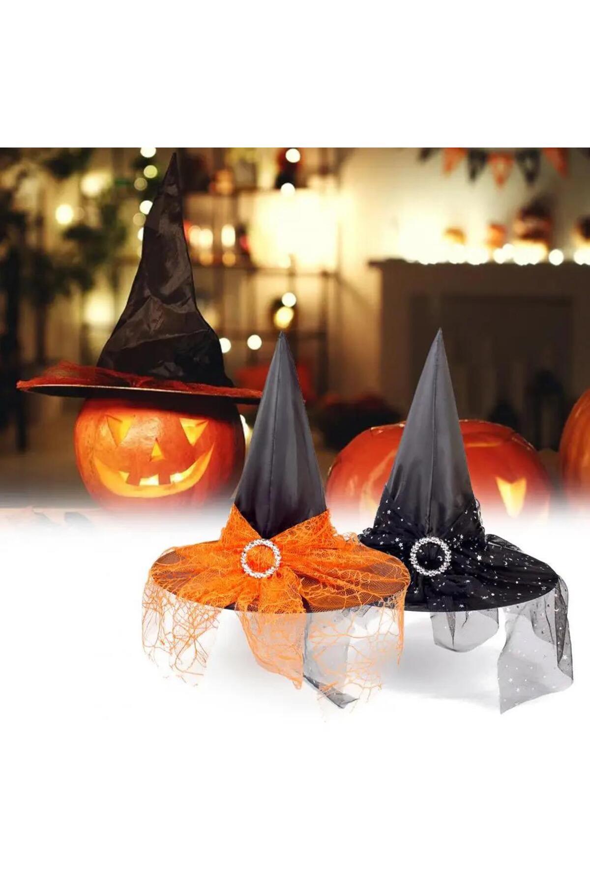 İthal lüks broşlu dantel tüllü cadı şapkası halloween şapka siyah turuncu örümcek ağ desenli