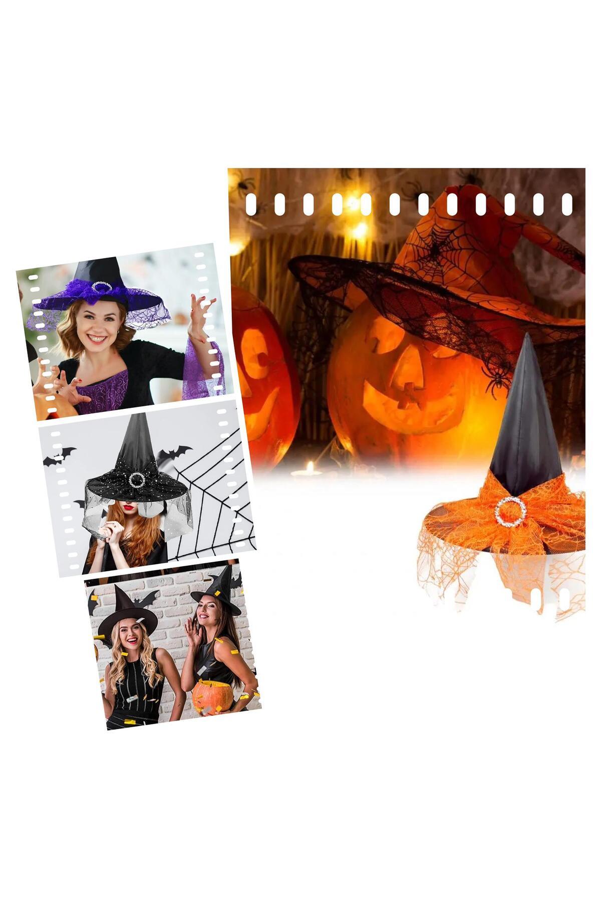 İthal lüks broşlu dantel tüllü cadı şapkası halloween şapka siyah turuncu örümcek ağ desenli