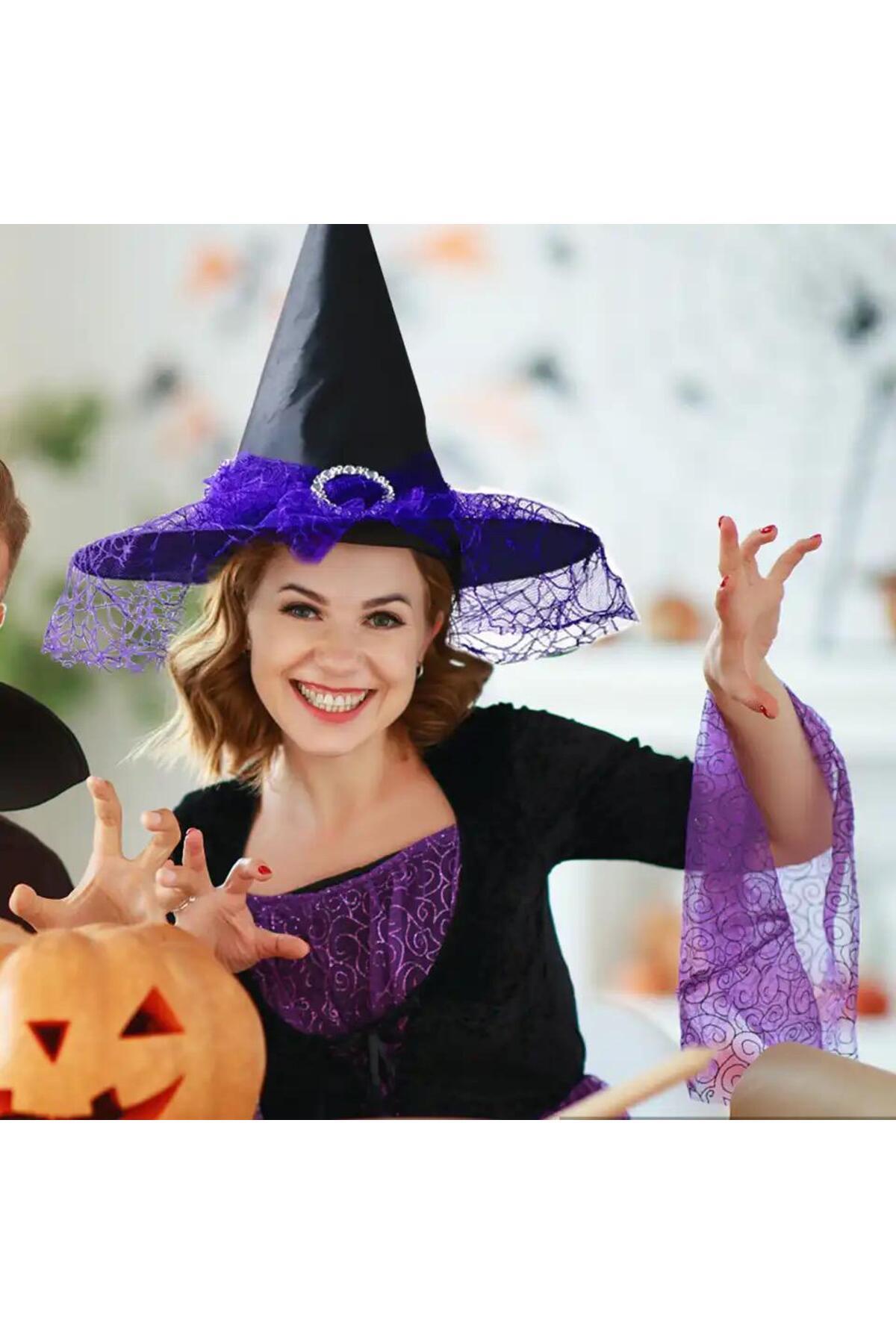 İthal lüks broşlu dantel tüllü cadı şapkası halloween şapka siyah turuncu örümcek ağ desenli
