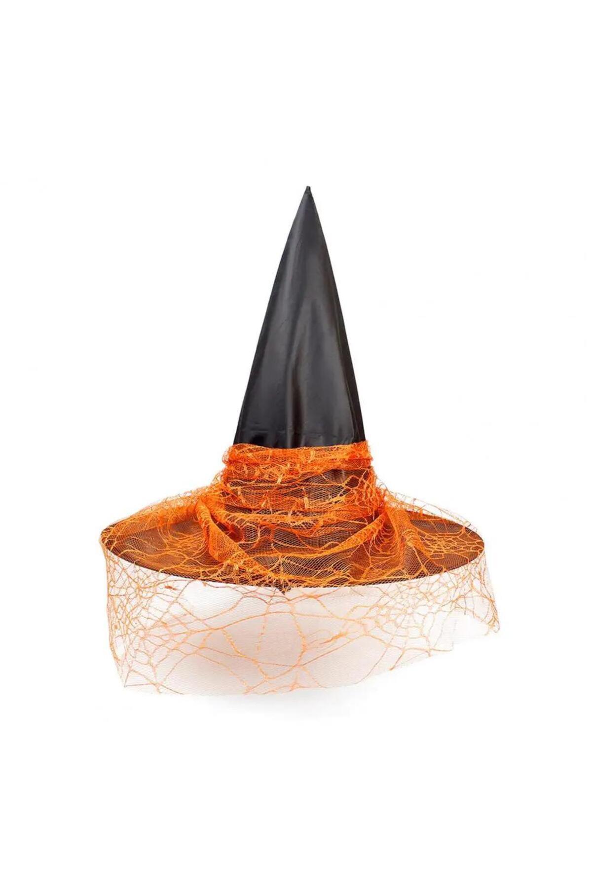 İthal lüks broşlu dantel tüllü cadı şapkası halloween şapka siyah turuncu örümcek ağ desenli