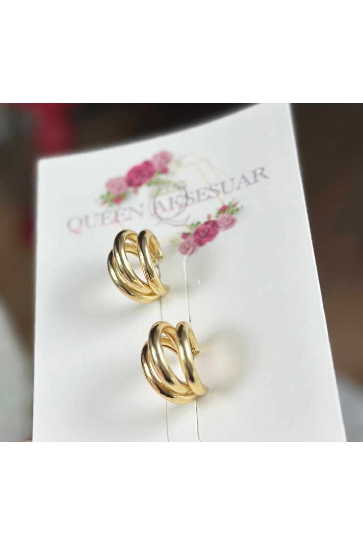 İthal lüks çelik zara hm model kararmaz 3lü halka çivili küpe kadın küpesi gold altın