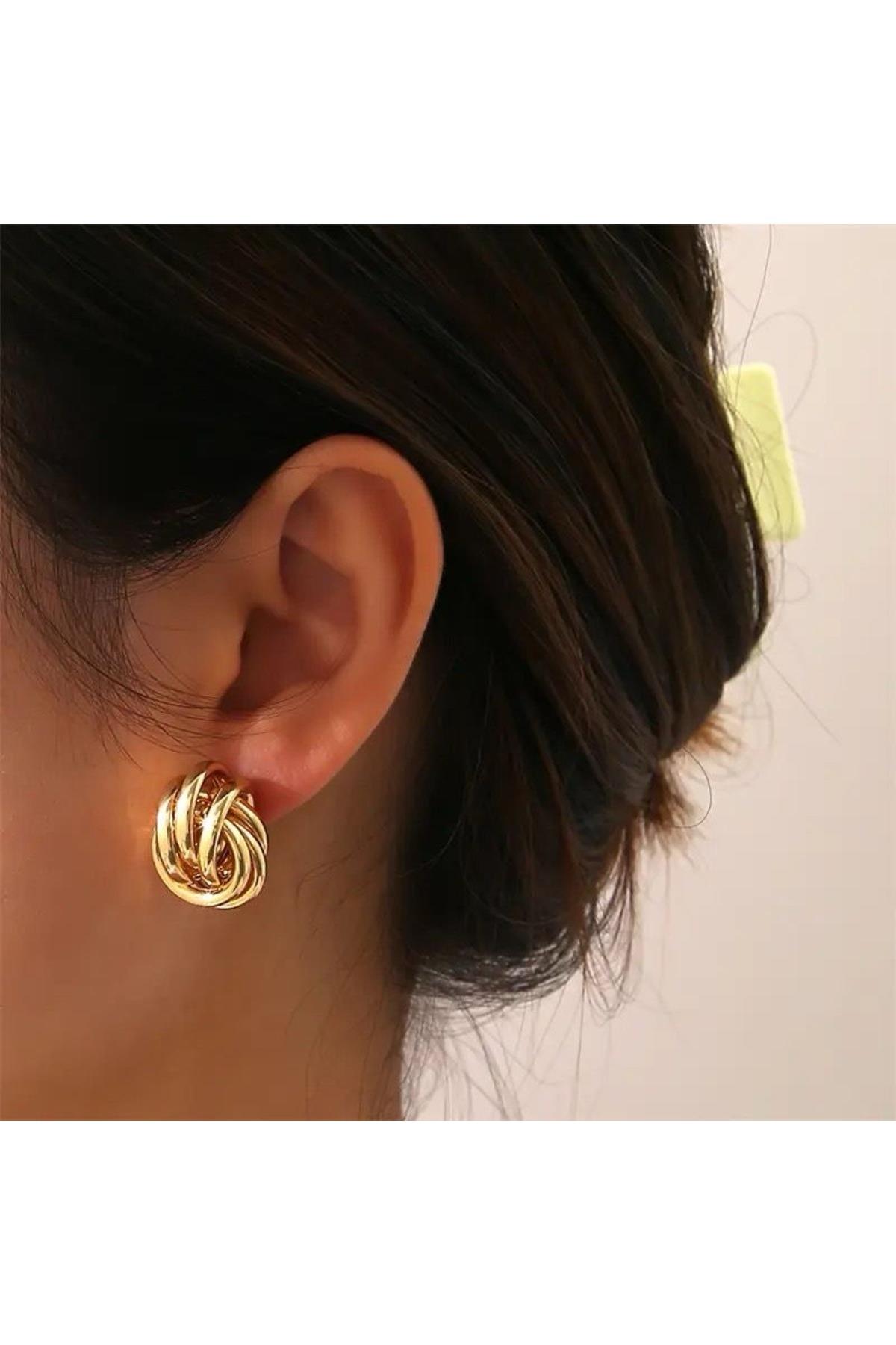 İthal lüks çelik zara hm model kararmaz 3lü top düğüm burgu çivili küpe kadın küpesi gold altın