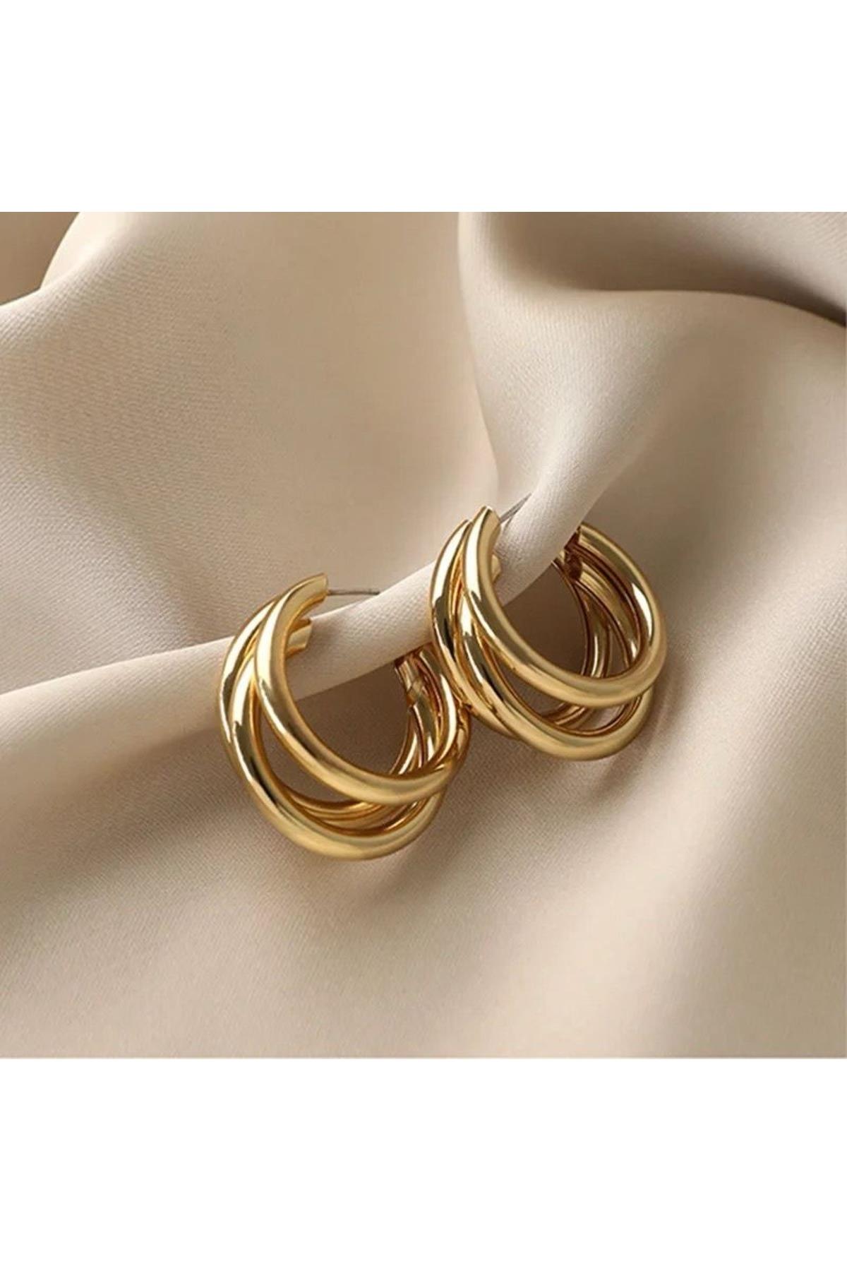 İthal lüks çelik zara hm model kararmaz 3lü halka çivili küpe kadın küpesi gold altın