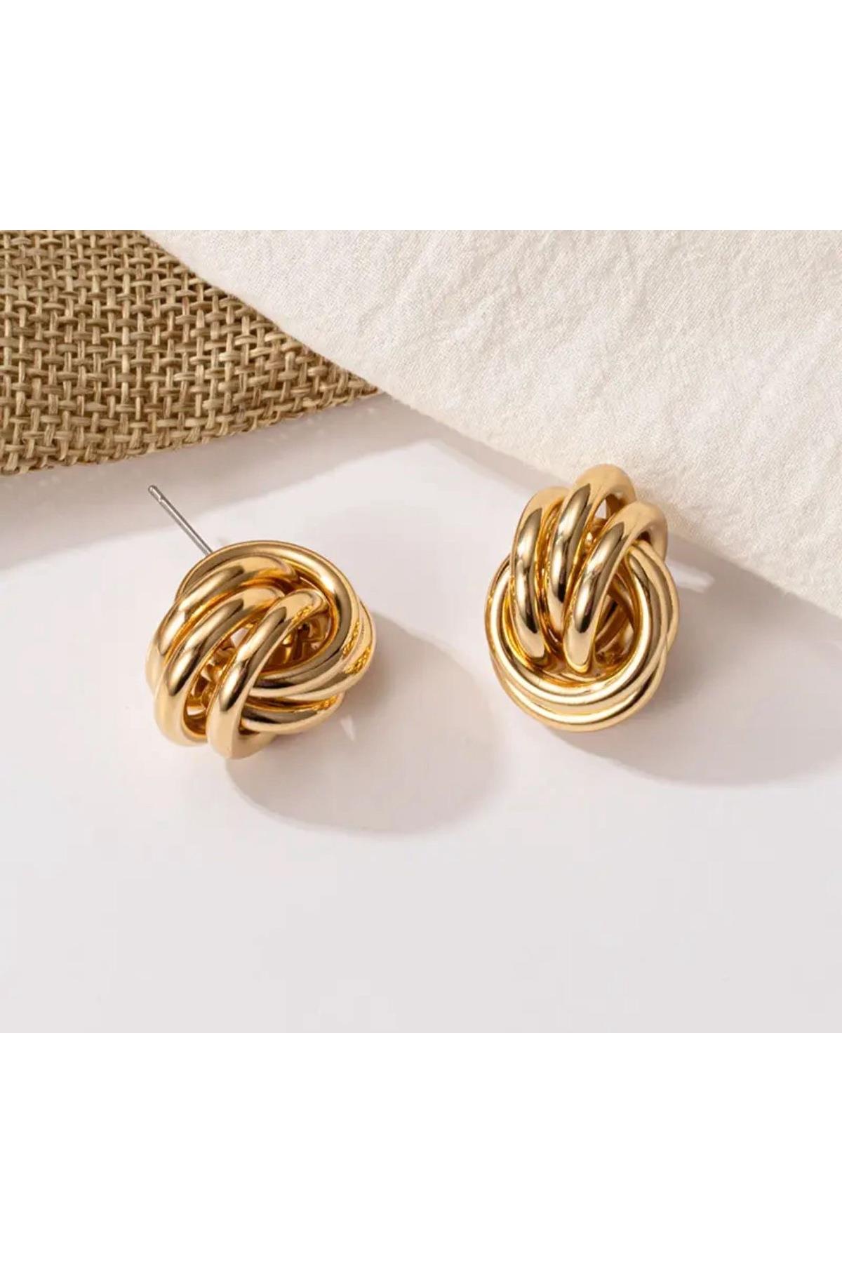 İthal lüks çelik zara hm model kararmaz 3lü top düğüm burgu çivili küpe kadın küpesi gold altın