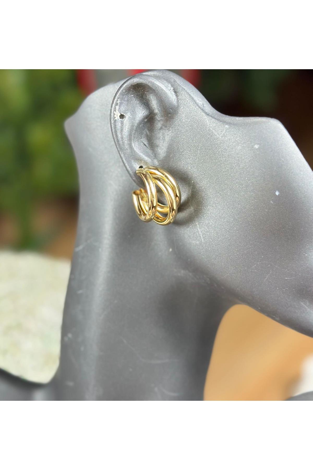 İthal lüks çelik zara hm model kararmaz 3lü halka çivili küpe kadın küpesi gold altın