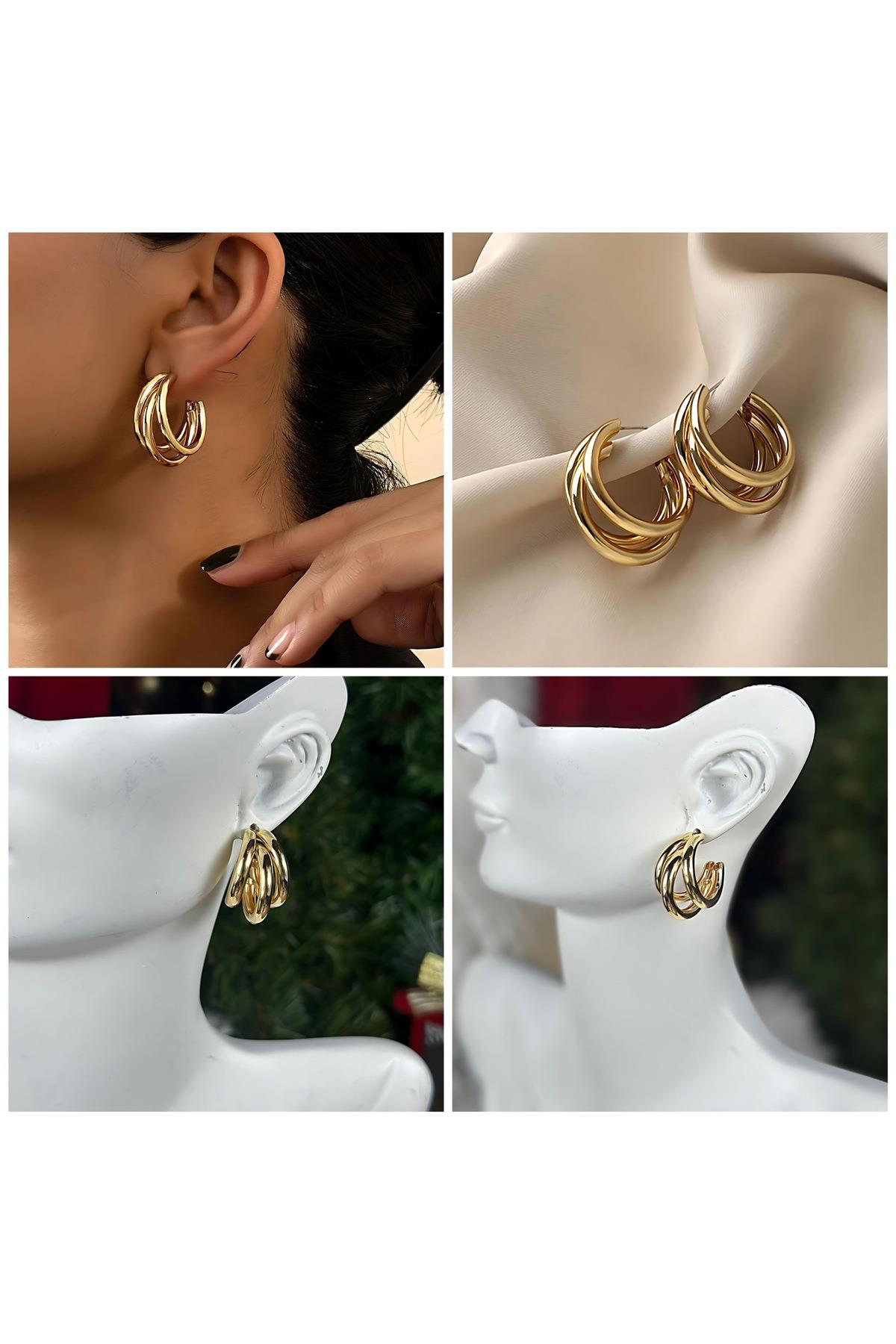İthal lüks çelik zara hm model kararmaz 3lü halka çivili küpe kadın küpesi gold altın