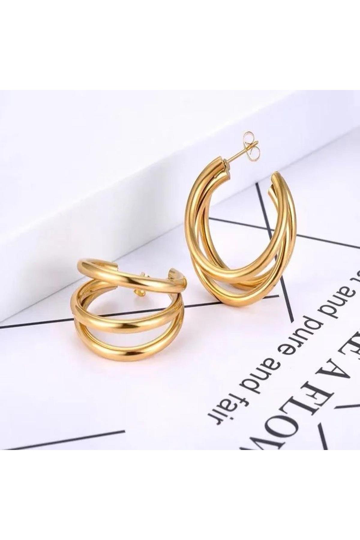 İthal lüks çelik zara hm model kararmaz 3lü halka çivili küpe kadın küpesi gold altın