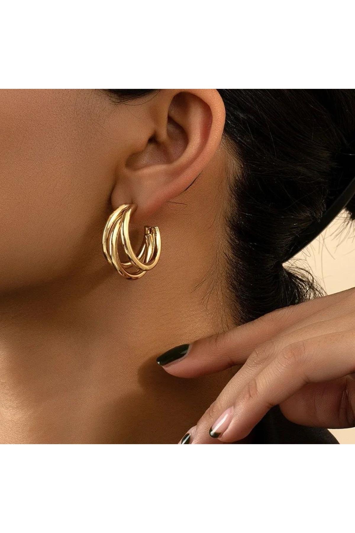 İthal lüks çelik zara hm model kararmaz 3lü halka çivili küpe kadın küpesi gold altın