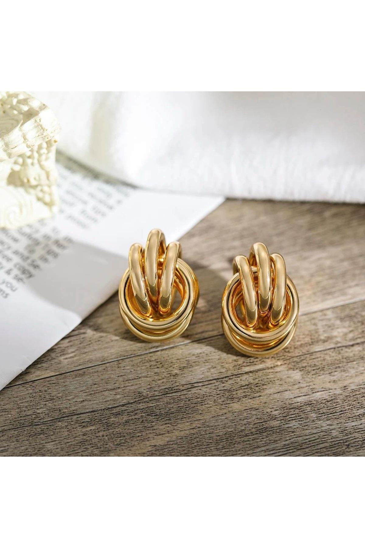 İthal lüks çelik zara hm model kararmaz 3lü top düğüm burgu çivili küpe kadın küpesi gold altın