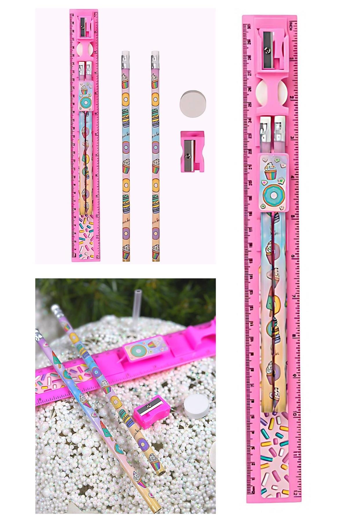 İthal lüks cetvel kalem silgi kalemtraş açıcı dondurma donut desenli kırtasiye seti pembe