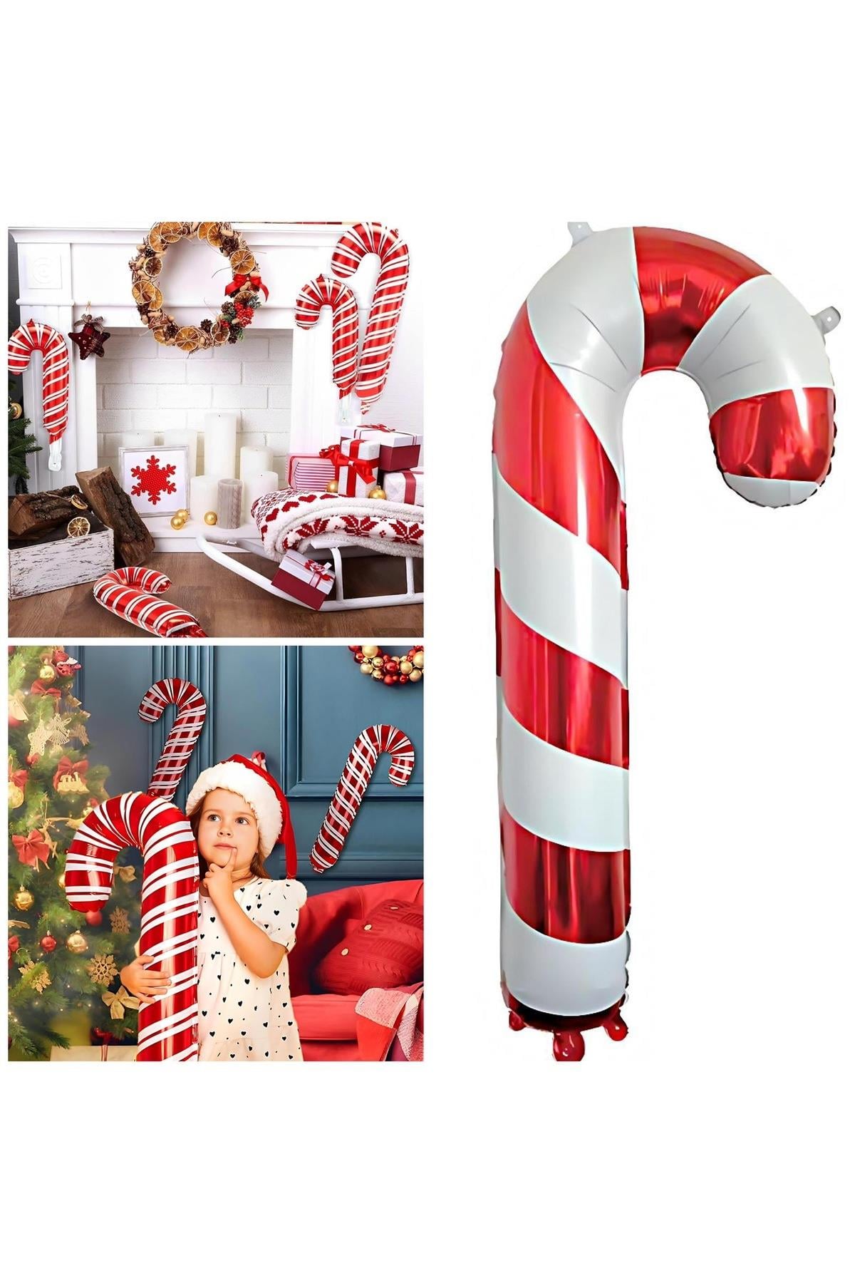 İthal lüks dev boy 116cm baston şeker kamış folyo balon yılbaşı Noel dekorasyon helyum kırmızı beyaz