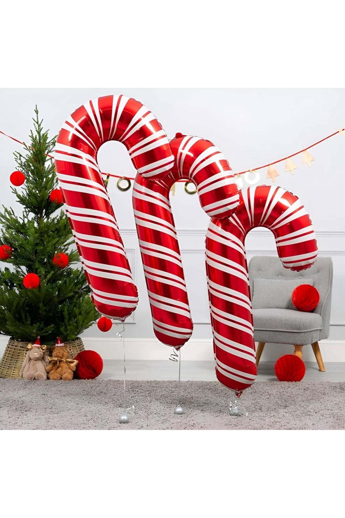 İthal lüks dev boy 116cm baston şeker kamış folyo balon yılbaşı Noel dekorasyon helyum kırmızı beyaz