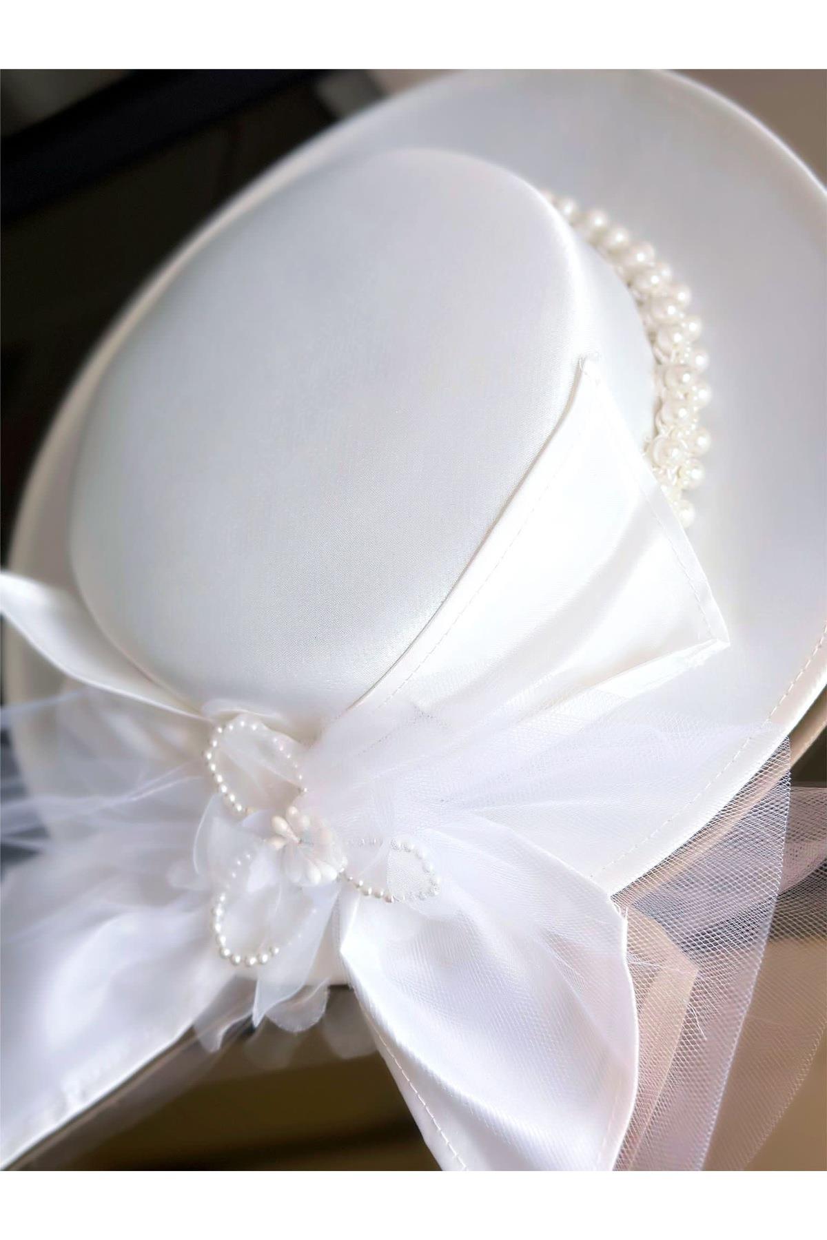 İthal lüks Fransız vintage modern saten incili fiyonk çiçekli büyük gelin nikah şapkası saç aksesuar