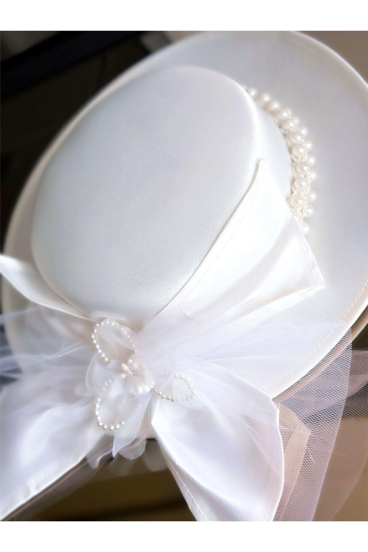 İthal lüks Fransız vintage modern saten incili fiyonk çiçekli büyük gelin nikah şapkası saç aksesuar
