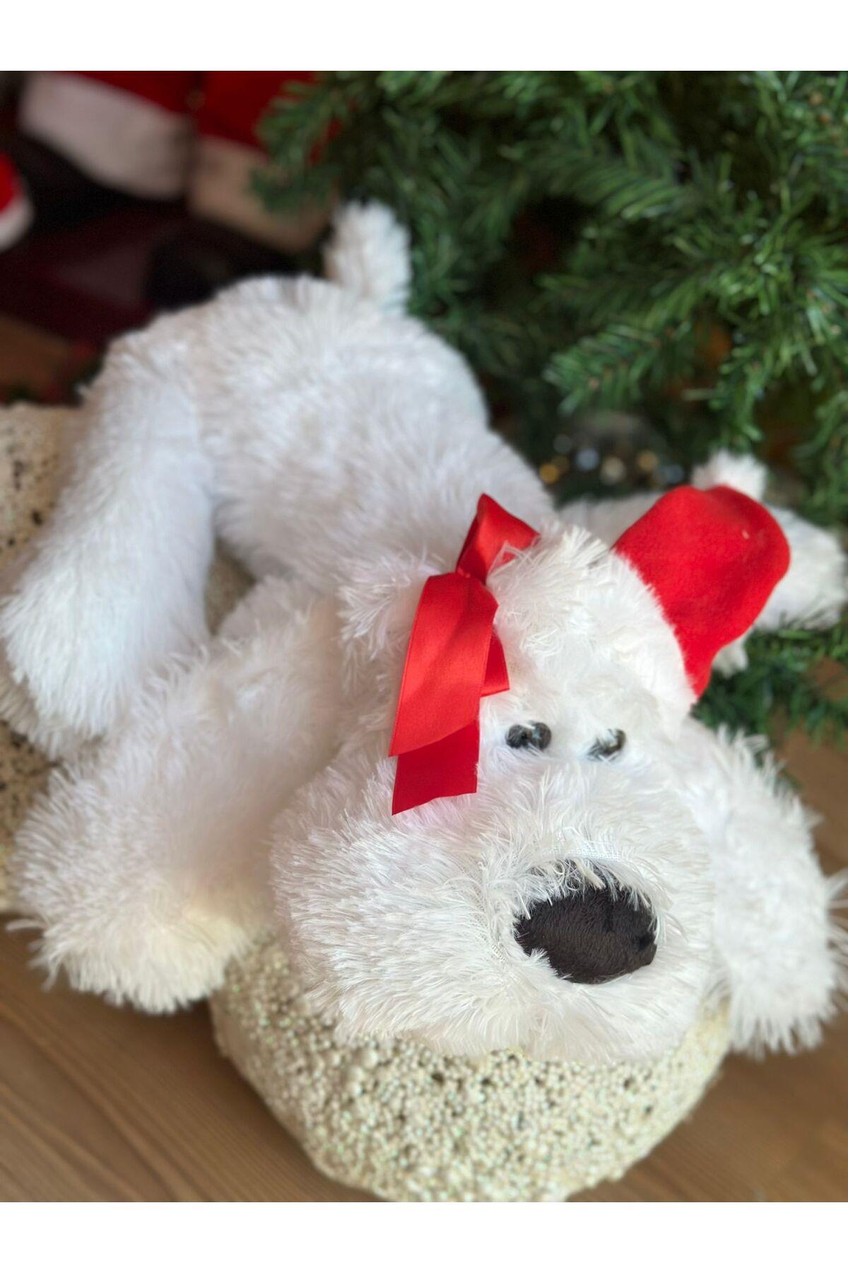 İthal lüks hediyelik peluş yılbaşı süslü pofuduk yatan yastık köpek Noel oyuncak beyaz 50cm