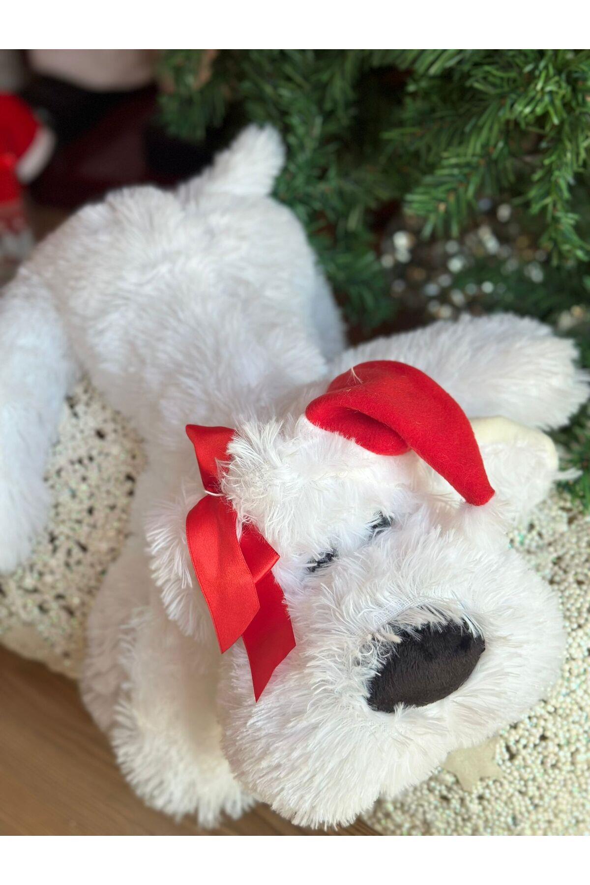 İthal lüks hediyelik peluş yılbaşı süslü pofuduk yatan yastık köpek Noel oyuncak beyaz 50cm