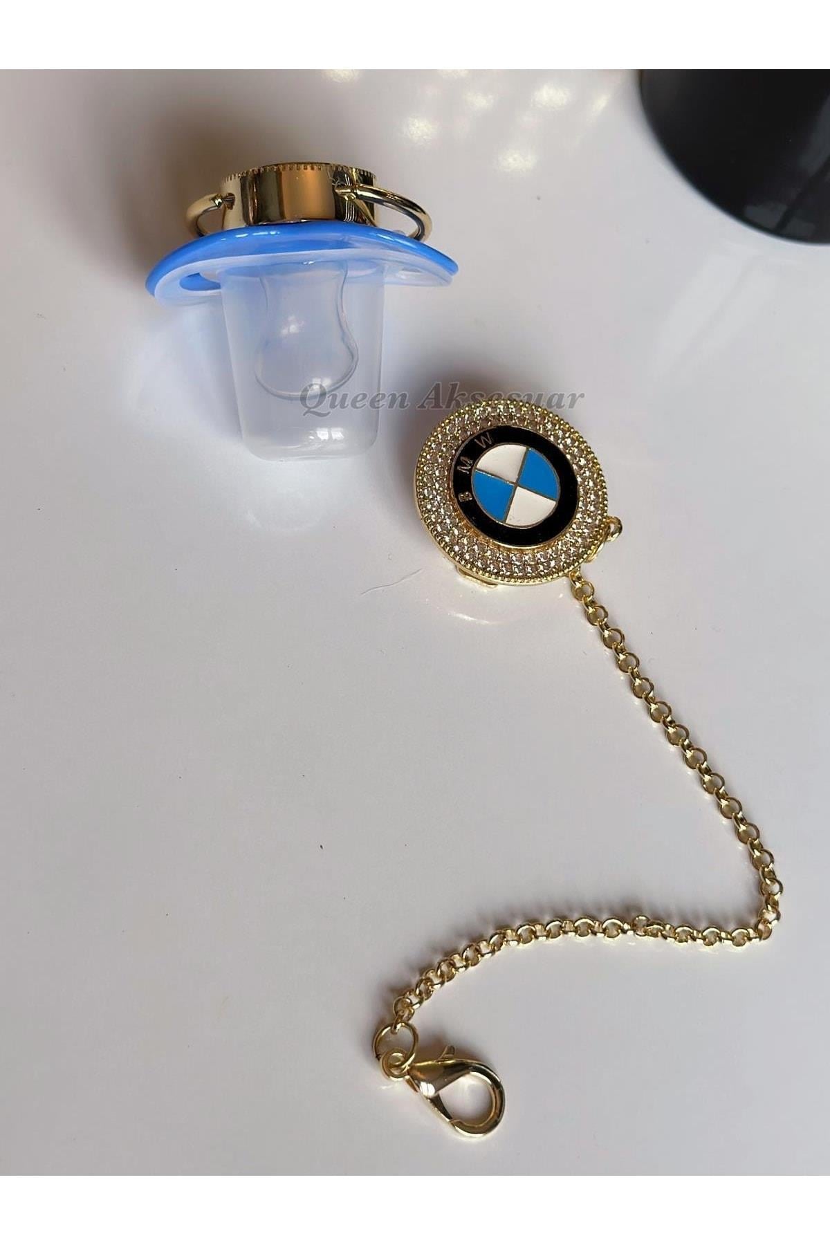 Ithal Lüks Marka Bmw Logo Mavi Erkek Kız Bebek Kristal Swarovski Taşlı Emzik Zincirli Askı Seti